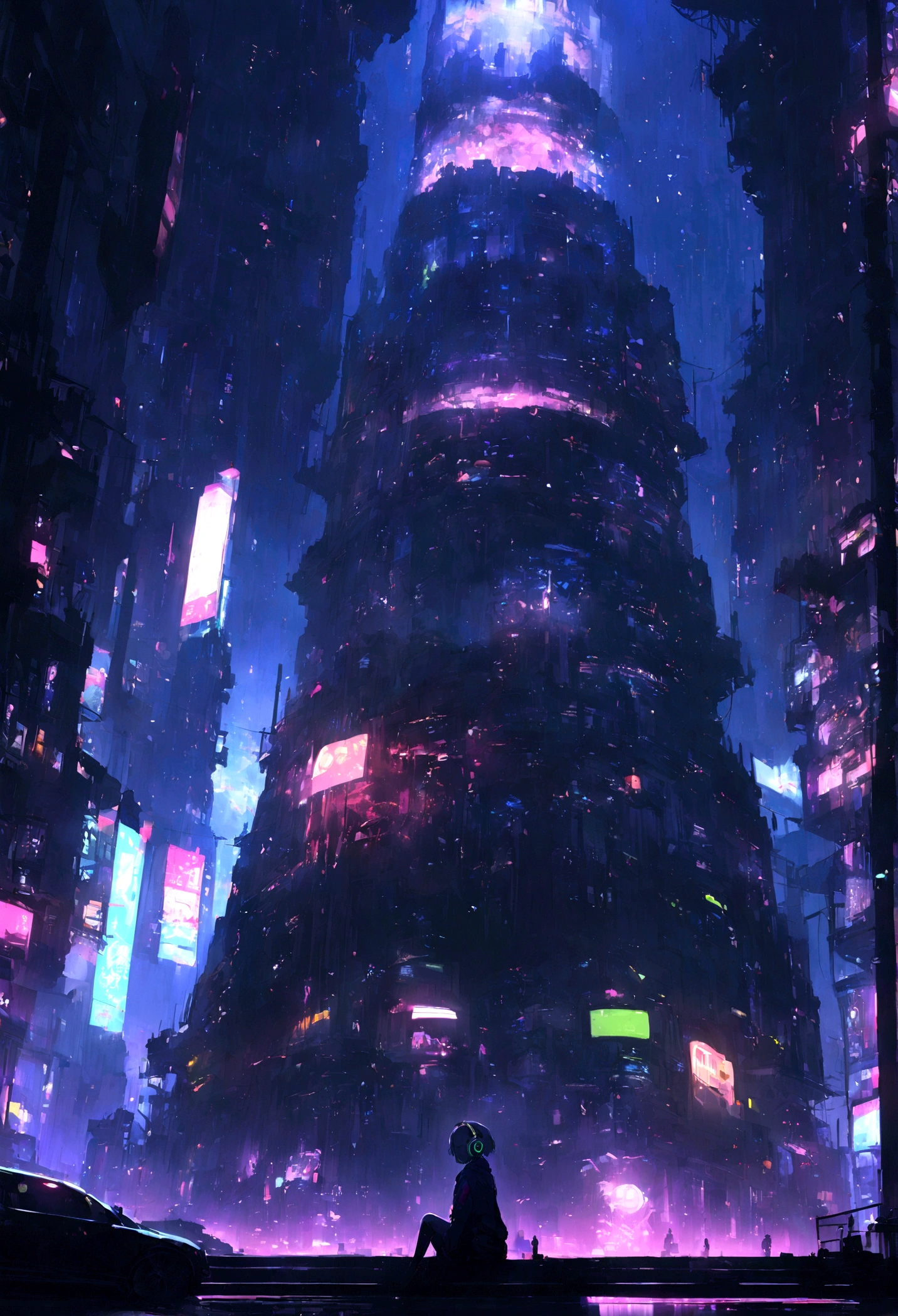 highest quality、masterpiece、night、Headphones、cyber punk、Cyber City、Sitting on high ground、Long Shot、Wide Shot、One Girl