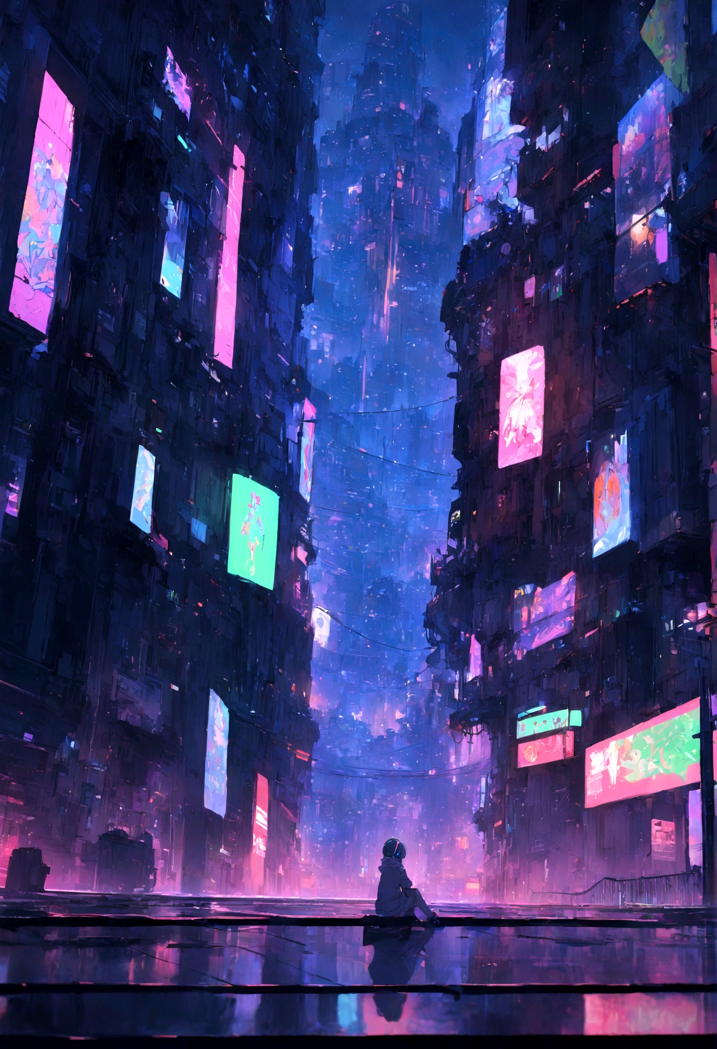highest quality、masterpiece、night、Headphones、cyber punk、Cyber City、Sitting on high ground、Long Shot、Wide Shot、One Girlhighest quality、masterpiece、night、Headphones、cyber punk、Cyber City、Sitting on high ground、Long Shot、Wide Shot、One Girl