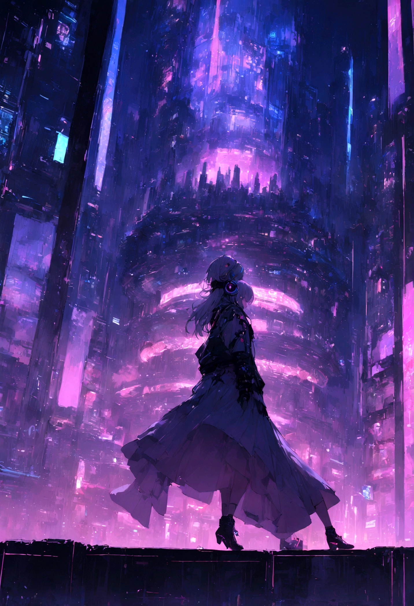 highest quality、masterpiece、night、Headphones、cyber punk、Cyber City、Sitting on high ground、Long Shot、Wide Shot、One Girlhighest quality、masterpiece、night、Headphones、cyber punk、Cyber City、Sitting on high ground、Long Shot、Wide Shot、One Girl