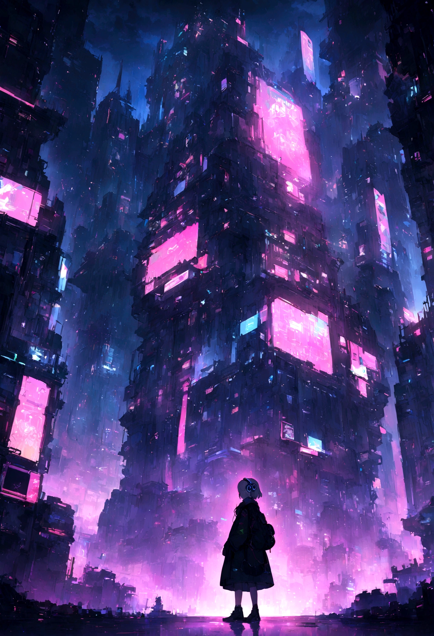 highest quality、masterpiece、night、Headphones、cyber punk、Cyber City、Sitting on high ground、Long Shot、Wide Shot、One Girl