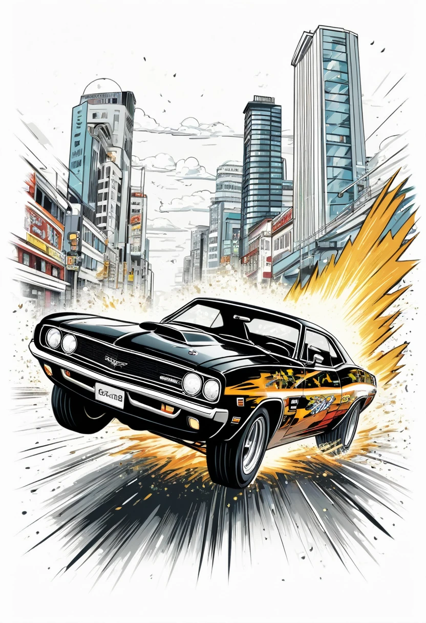 Vintage tshirt print design (on a white background:1.2), digital art of a muscle car drifting around a corner with sparks flying and a cityscape in the background, (comics style:1.2), highly detailed, 4k, masterpiece.The white background should be separated from the main image for easier removal.