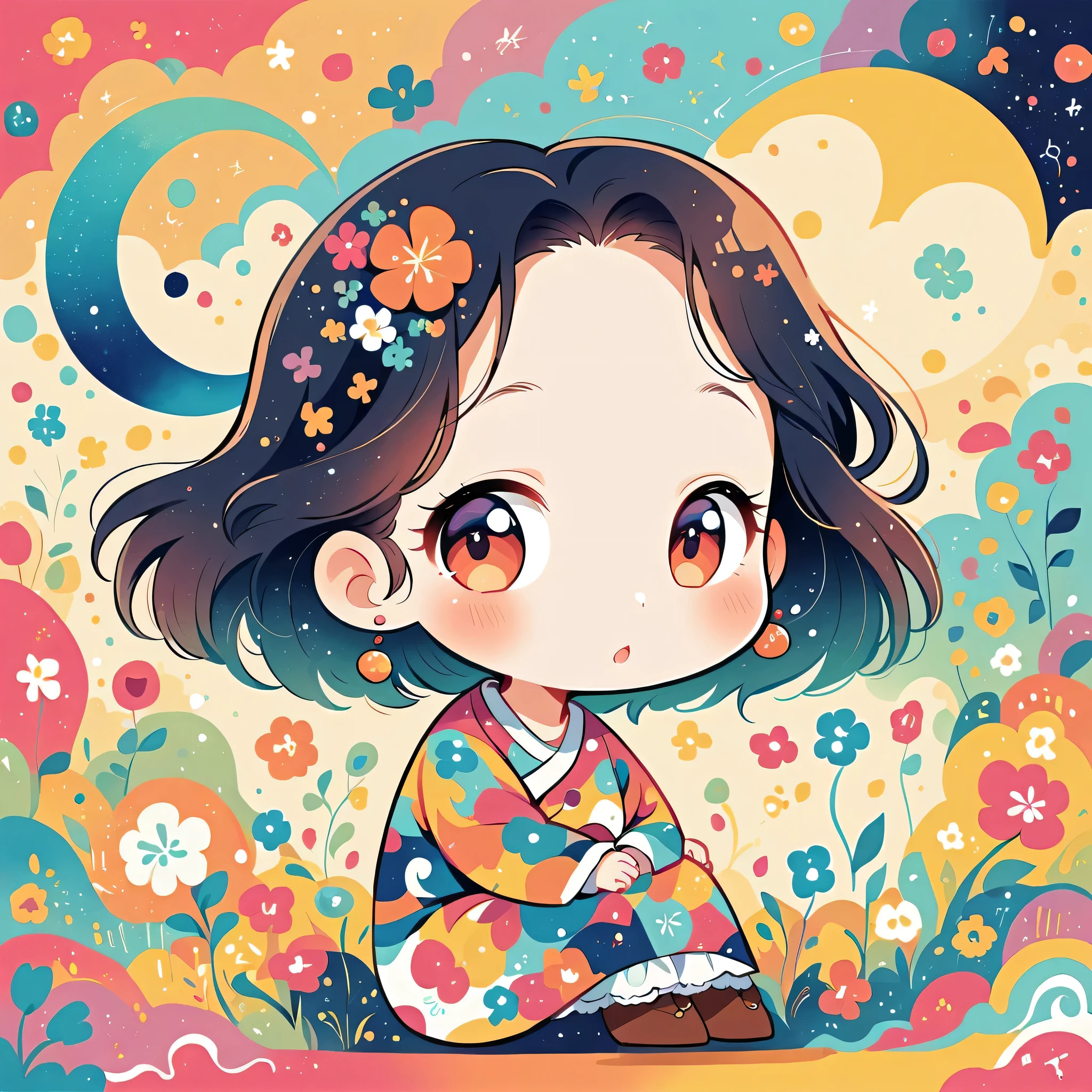 Hayao Miyazaki Style、The most beautiful girl of all time、Lips in Love、Colorful flowers、Simple line initials、Abstract art、Moon Background, (((chibi))),
