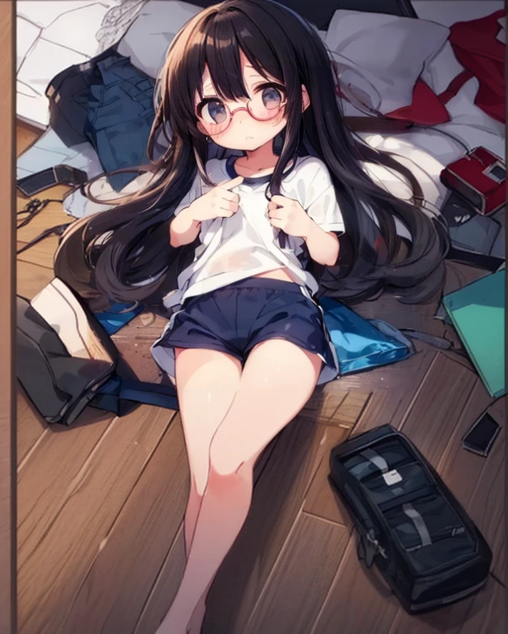 One Girl、 girl、Best Quality、(Wooden floor)、Long black hair、Beautiful legs、Beautiful thighs、Gym suit、Beautiful background