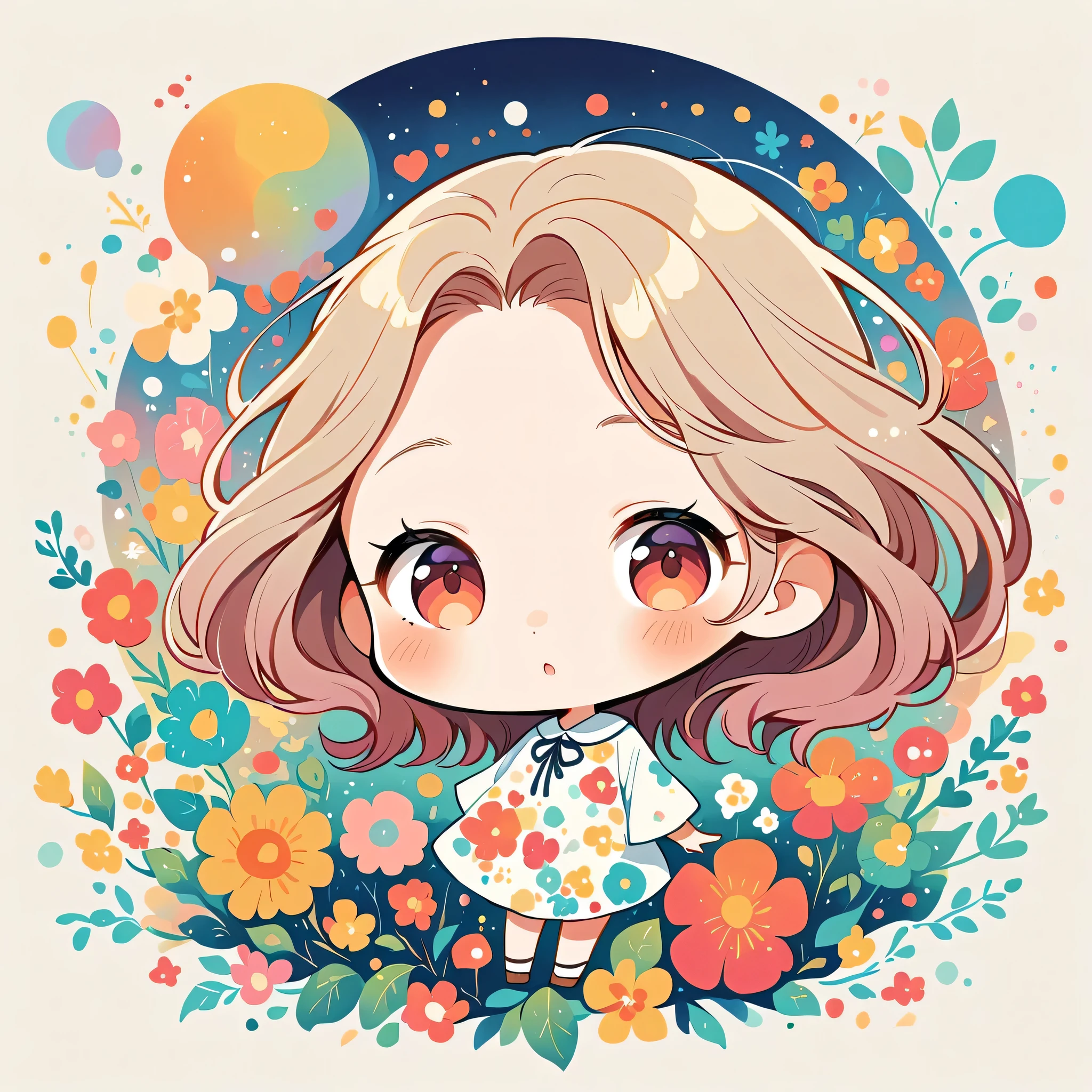 Hayao Miyazaki Style、The most beautiful girl of all time、Lips in Love、Colorful flowers、Simple line initials、Abstract art、Moon Background, (((chibi))),
