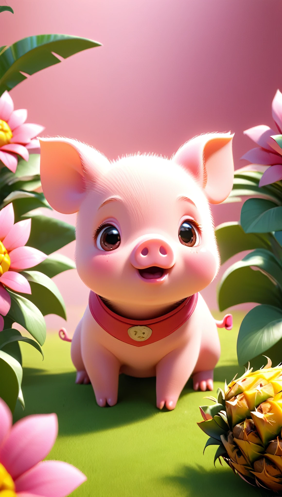 Cute numbers, sunny，garden，Pig eating pineapple，piglet, Lovely and detailed digital art, Cute 3d rendering, Cute numbers艺术, cartoon still, Pixar’s cute character designs, cartoon, cartoon, Cute Pixar characters, Lovely detailed artwork, anthropomorphic warrior piglet, Pink Iconic Character