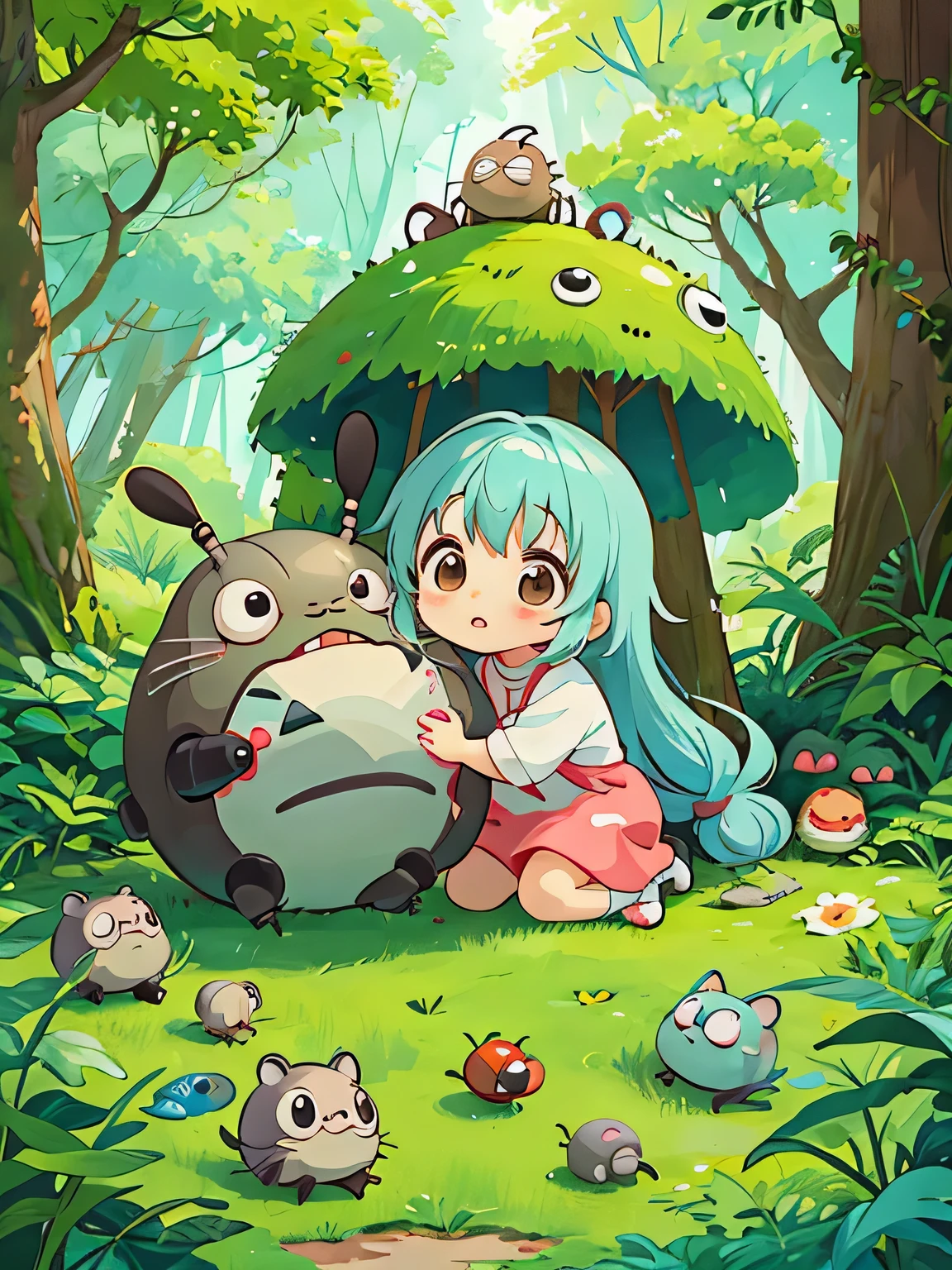 hayao miyazaki style, Kawaii Design, The most beautiful girl of all time、Chibi, Cute and colorful pillbugs、play together、Lots of pillbugs、Totoro Forest