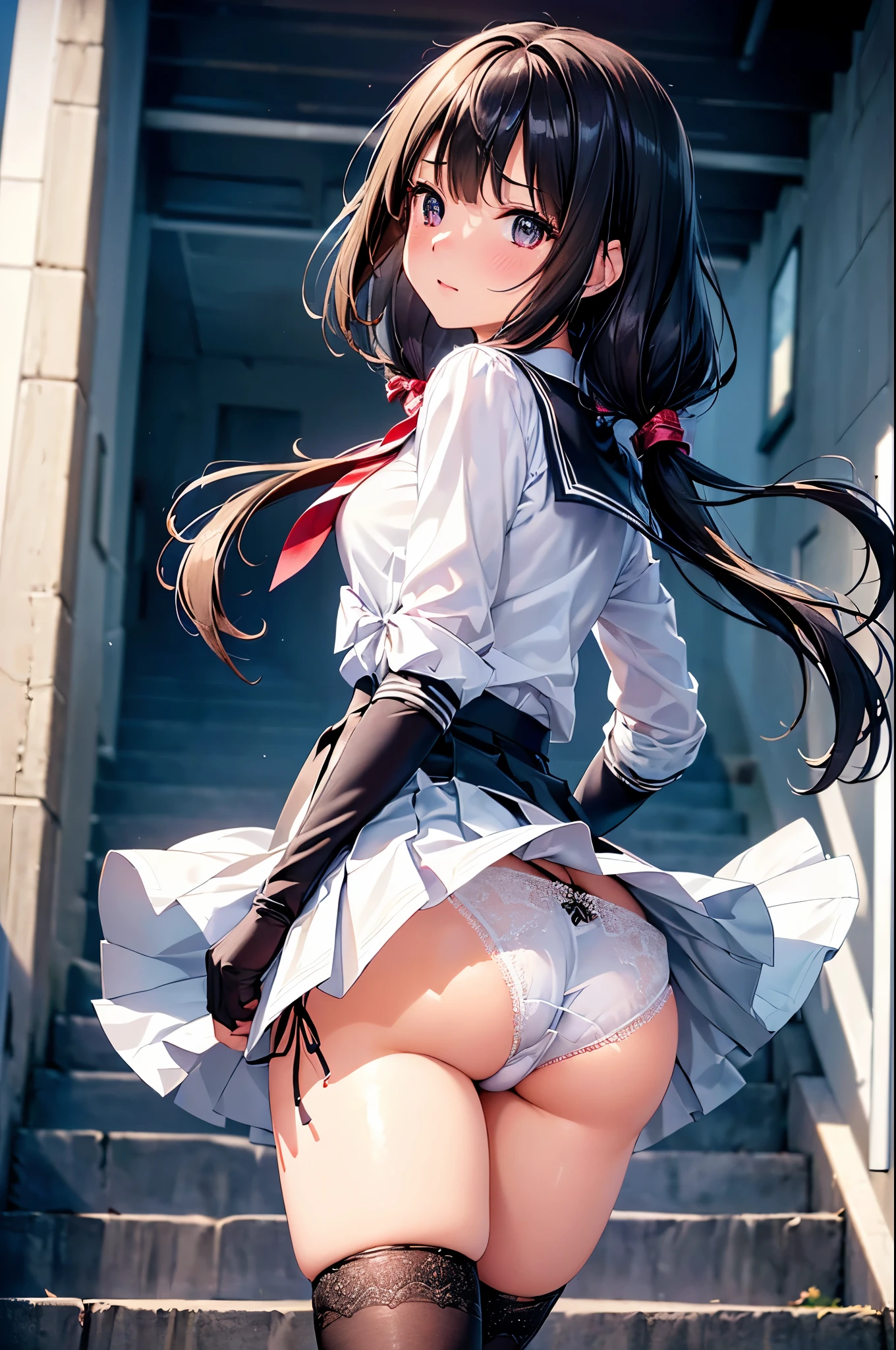 (((masterpiece, highest quality, High resolution, 超High resolution, Perfect Pixel, Depth of written boundary, 4K, RTTX 10.0, High resolution))), Beautiful Anime Woman, Beautiful art style, Anime characters, ((Long Hair, bangs, Dark brown hair, Various hairstyles, Twin tails)), ((Beautiful eyelashes)), ((Detailed face, blushする:1.2)), ((Smooth texture, Realistic texture, Anime CG Style)), Perfect body, (Slender body:1.2), Beautiful and big breasts, Exact finger count、Exact number of legs、(Exact number of arms:1.0, Exact number of hands:1.0), (blush:1), (One woman is walking up the stairs holding her skirt and looking back.:1.3), (Fashionable white shirt, Sailor collar, Black knee socks, loafers, Pleated mini skirt:1.3), Realistic, highest quality, High resolution, 非常にDetailed face, Perfect lighting, Extremely detailed CG, (Perfect hands, Perfect Anatomy), Embarrassed expression, (City stairs, building, Lots of people in the background:1.3), Daytime lighting, whole body, ((Shiny satin panties hidden under skirt, Side-tie white panties, black lace trim:1.3)), Angle from directly below the rear、(Beautiful and thin thighs:1.3), (The wind flips up my skirt, Stick your ass out:1.2)