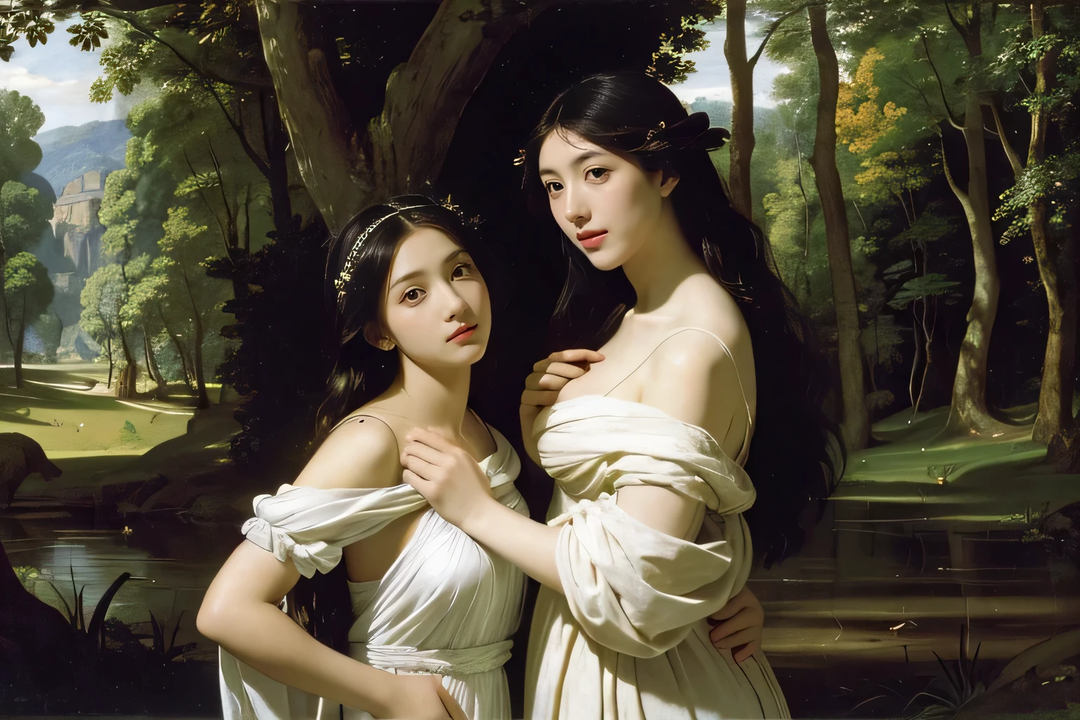 Giorgione painting style,Barbizon forest A beautiful woman in Greek dress smiles on the shore,Sweet and seductive appearance.、Caravaggio's paintings、Chiaroscuro of Caravaggio、hair tousled by the wind,Two women frolicking,cute smile, expression of ecstasy,Sexy,erotic, full body portrait