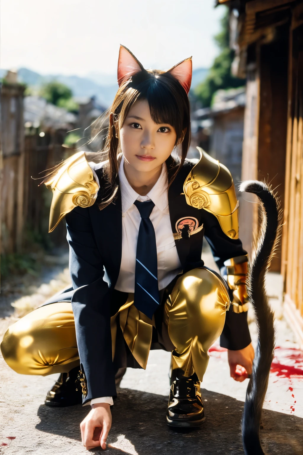 masterpiece, best quality, crisp detail, high definition, kasumi arimura, (cat ears:1.4),(fully decorated golden armor school uniform:1.5), fighting stance, dirty, sweating, (blood scattered:1.4), bloodbath, carnage, fire everywhere, smoke everywhere, blood everywhere, death everywhere, japan bakumatsu period, (dead bodies, carcass, ,fire, smoke, burned japanese castle village, hell) , (traditional village background)