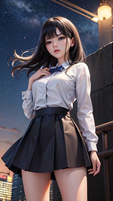 Adult Girls。cute、City of night、Looking up at the stars in the sky、Serious face、Composition from below、Tons of stars、Grab the skirt