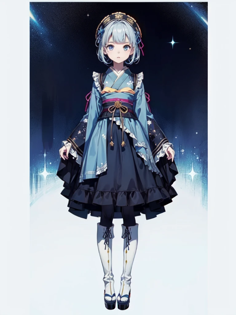 (((1girl)))、Star Fairy、vtuber-fullbody、(((highest quality、Masterpiece、The best composition、Golden Ratio、Official Art、Super detailed、Super detailedな目)))、ultra detailed, from front, headshot、 blue and white hair color、Short bangs above eyebrows、Short Hair、Standing in front of the viewer、A galaxy patterned outfit made from a remake of kimono and gothic lolita, with dark blue and light blue as the main colors.、The sleeves are long and the hands are hidden、Knee-high boots、Pure white simple background、