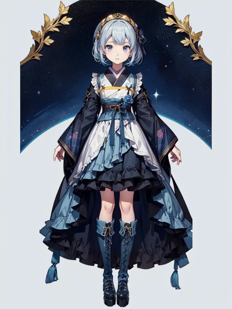 (((1girl)))、Star Fairy、vtuber-fullbody、(((highest quality、Masterpiece、The best composition、Golden Ratio、Official Art、Super detailed、Super detailedな目)))、ultra detailed, from front, headshot、 blue and white hair color、Short bangs above eyebrows、Short Hair、Standing in front of the viewer、A galaxy patterned outfit made from a remake of kimono and gothic lolita, with dark blue and light blue as the main colors.、The sleeves are long and the hands are hidden、Knee-high boots、Pure white simple background、