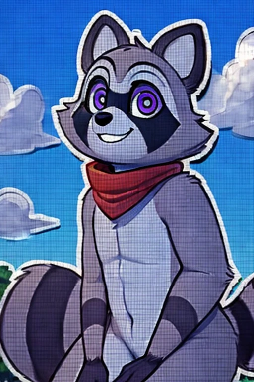 Rambley racoon is raccoon mascot, he lives inside of networks and code, making his appearances on tv screens and monitors, 
 he has a tall big chubby body and  raccoon hands, his feet are also roughly the same size as his hands, being cute, his fur a light grey, and the fur on his hands and feet black, he has a cute little bushy raccoon tail with stripes running down it, and a lighter grey patch running from his neck to around his belly, he has puffy little cheeks and pointy little raccoon ears, his eyes are a shiney purple with lighter grey fur surrounding them, he has a cute and derpy little nose and mouth, surrounded by similar grey fur to the fur around his eyes, as well as a long black patch running from left to right in between his eyes and nose, he has a  red bandana like red scarf that he wears around his neck,  monitor screens, , looking at viewer, big chest, day,, s ensual, detailed, uploaded to e621, beautiful an d detailed portrait of an anthropomorphic, (((m ale))) uploaded to e621, zaush, foxovh, movie li ghting, thicc, alone, detailed, 8k res, hires, detai led eyes, good anatomy, good perspective, tow ards viewer, by bebebebebe, by sicklyhypnos, b y gerkk, by orf, nice hands, perfect hands, happ y, romantic, ray tracing lighting, rtx on, By Bebe bebebe, by SpiritD, by KOBITOWANI, best qualit y, masterpiece, perfect anatomy, detailed pictur e)), 1femboy, outside in a park that has a sunny day with sitting down on a park bench