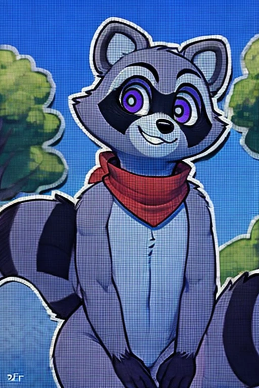 2d,Rambley racoon is raccoon mascot, he lives inside of networks and code, making his appearances on tv screens and monitors,
he has a tall big chubby body and raccoon hands, his feet are also roughly the same size as his hands, being cute, his fur a light grey, and the fur on his hands and feet black, he has a cute little bushy raccoon tail with stripes running down it, and a lighter grey patch running from his neck to around his belly, he has puffy little cheeks and pointy little raccoon ears, his eyes are a shiney purple with lighter grey fur surrounding them, he has a cute and derpy little nose and mouth, surrounded by similar grey fur to the fur around his eyes, as well as a long black patch running from left to right in between his eyes and nose, he has a red bandana like red scarf that he wears around his neck, monitor screens, , looking at viewer, big chest, day,, s ensual, detailed, uploaded to e621, beautiful an d detailed portrait of an anthropomorphic, (((m ale))) uploaded to e621, zaush, foxovh, movie lighting, thicc, alone, detailed, 8k res, hires, detai led eyes, good anatomy, good perspective, towards viewer, by bebebebebe, by sicklyhypnos, bygerkk, by orf, nice hands, perfect hands, happy, romantic, ray tracing lighting, rtx on, By Bebe bebebe, by SpiritD, by KOBITOWANI, best quality, masterpiece, perfect anatomy, detailed picture)), 1femboy, outside in a park that has a sunny day with sitting down on a park bench,2d artwork, 2d art