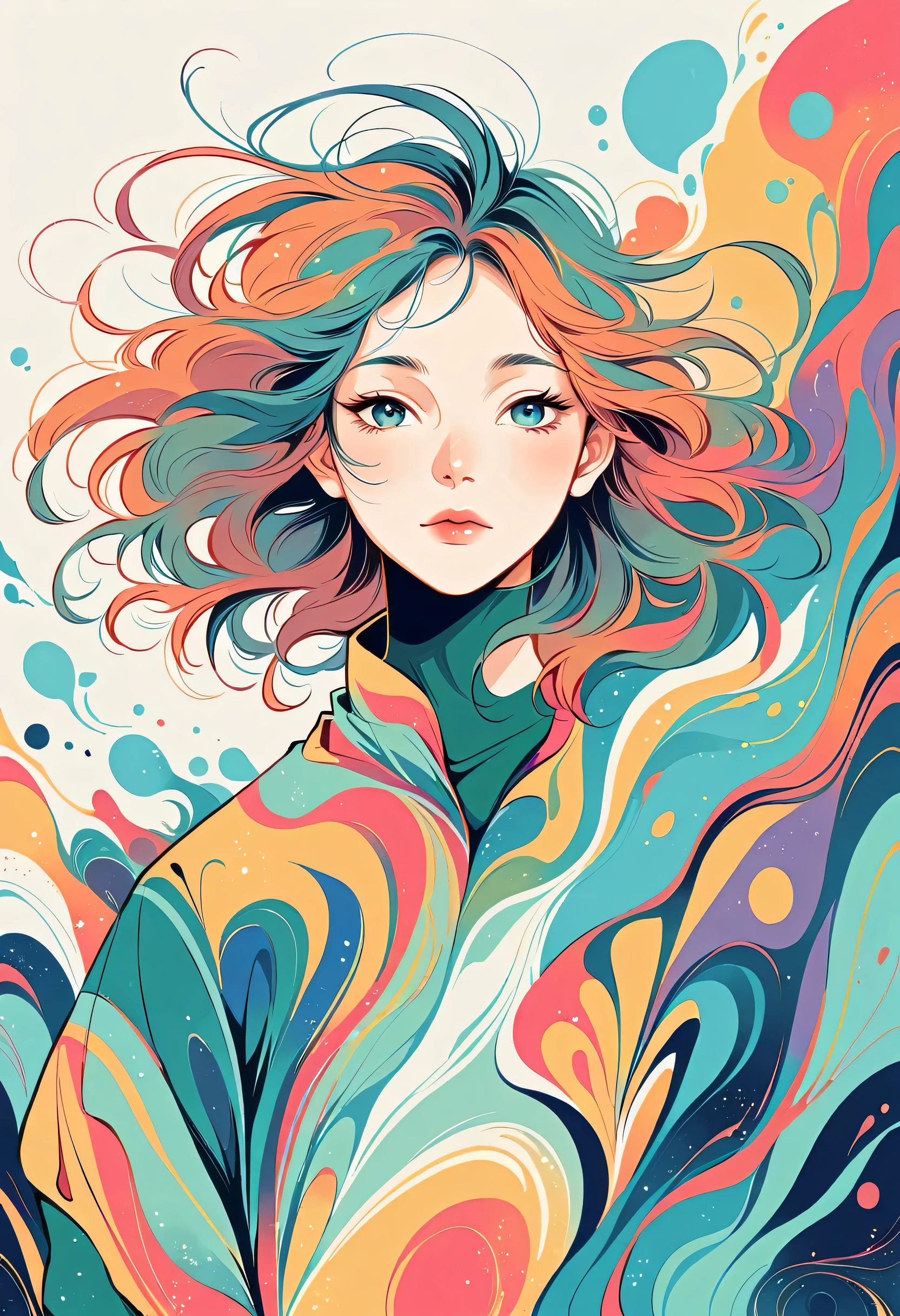 Watase Seizo style, Standing in front of a high wall，Simple Line Initialism，Abstract art，Urban Background, (((The most beautiful girl))),