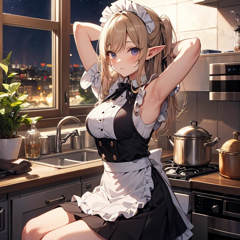 A maids, (in kitchen), various hair styles, night, details face, short skirt, seducing, sleeveless, maid uniform, armpits, elf
