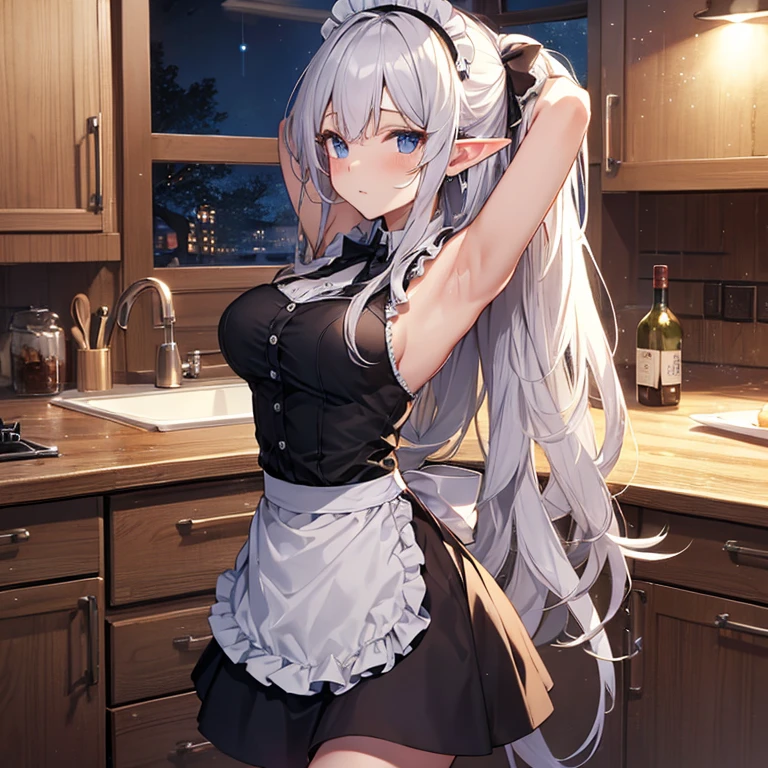 A maids, (in kitchen), various hair styles, night, details face, short skirt, seducing, sleeveless, maid uniform, armpits, elf