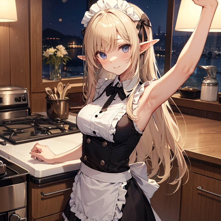 A maids, (in kitchen), various hair styles, night, details face, short skirt, seducing, sleeveless, maid uniform, armpits, elf