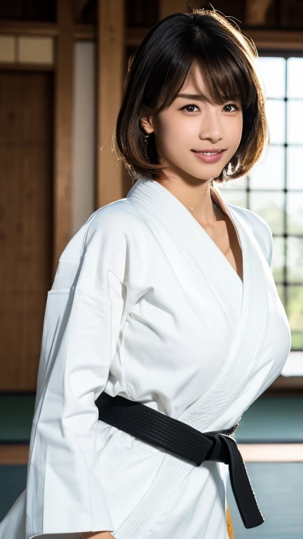 (8k、RAW Photos、image quality、、、、、、Tabletop:1.2)、(Realistic、Photorealistic:1.37)、Japanese female judoka、White judo uniform with black belt、Upper body composition、Frontline view、明るいdojo、、masterpiece, highest quality, High resolution, wallpaper, Realistic, Bright lighting, Professional Lighting, Face Light, Smooth lighting, Japanese Girls, ((Whole body 1.4)),Are standing, 15 years old,cute, smile, beautiful girl, gravure, sexy, so beautiful, Beautiful Skin, Beautiful and exquisite、Detailed face、slim、Moderate, (Empty-handed)、dojo、Serious look、Karate kata