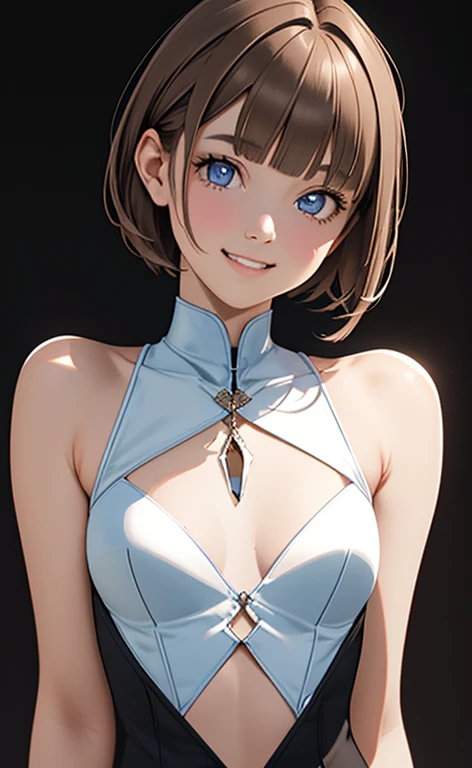 (Photorealistic:1.4)、(,20-year-old:1.5),(masterpiece、Blue lighting:1.5、Blue lens flare:1.5、Blue spot light:1.2、Exquisite beautiful eye:1.5,portlate),(kind eyes、tareme:1.9),(Illuminated by blue lighting from the front:1.8、deep shadows:1.5)
、Cute Face、 3D Face、(light brown hair:1.5)、(pixie cut),(sidelock :1.5),(blunt bangs:1.3),(1 woman)、(Red eyes:1.2)、(upper body:1.5)、(clear face:1.5)、(head tilt) ,(Cute face:1.2),(flat chest),(),kind face,(white Bodysuit with cut out),(black background:1.5)、()、()、 Neat and clean、Adorable、Demure,Slim Body(),Shiny Hair、()、Nijisketch,Manga,smiley face, grin