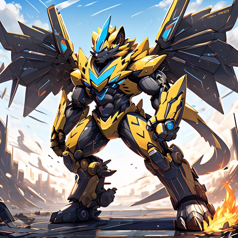 (ZERAORA, 8K), giant mechanical Muscular Zeraora is trampling the city, NSFW, Zeraora is bigger than Mount Everest.
Additional details: (masterpiece, official art, 8k, best quality) terrifying and imposing design, (smoke and flames rising from the destruction in the background, a lone figure) (high-tech bio-mecha armor, real texture material), (gigantic muscles, Gigachad Muscular, big muscle, pecs, triceps, traps, unusually developed muscular body, body full of huge muscles. showing off muscles, pectorales enormes, Exaggeratedly huge muscles.),(Spread wings, It has wings, have big wings, golden wings), (whole body shines like metal, Wearing cyberpunk mecha, emphasizes the muscles, suit fully made of metal, intricate armor, Robotic suit, suit fully made of metal, cyborg), (giant zeraora, Zeraora's giant robot, Powered exoskeleton with the same design as Zeraora), (Masterpiece, highres) (Detailed head, Detailed Body, Detailed abs, full body), (black color hyper penis, hyper black penis), macro, (Low-angle perspective, emphasizing the immense size,)