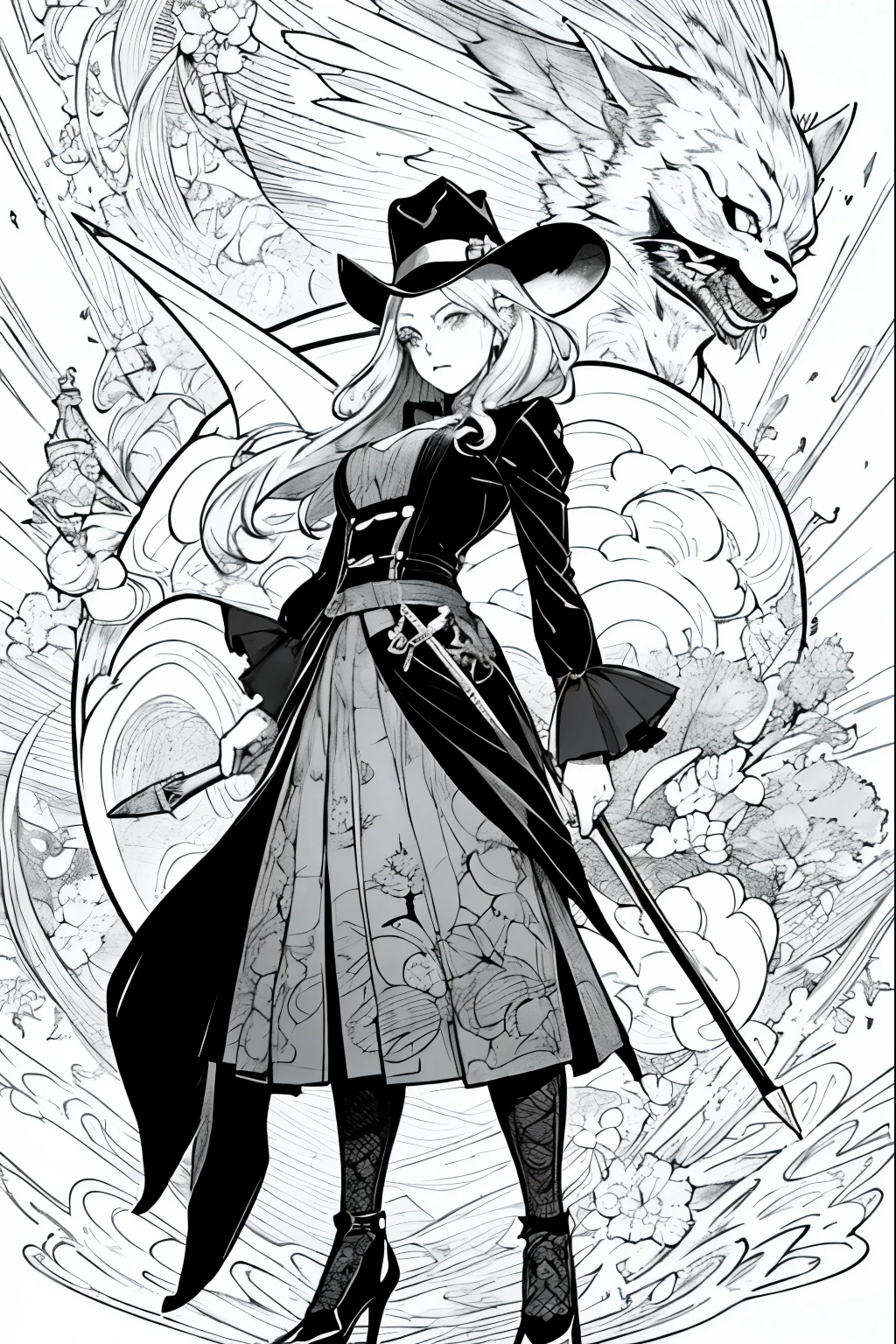 A painting of a costumed woman holding a hat and a walking stick, Manga drawn by Junpei Sato, Pixiv, Gothic art, pencil and Ink Manga, Beautiful line art, Pencil and ink cartoon, Shirow Masamuneスタイル, Shirow Masamune, Ink Manga, Very detailed fan art, Complex manga drawing