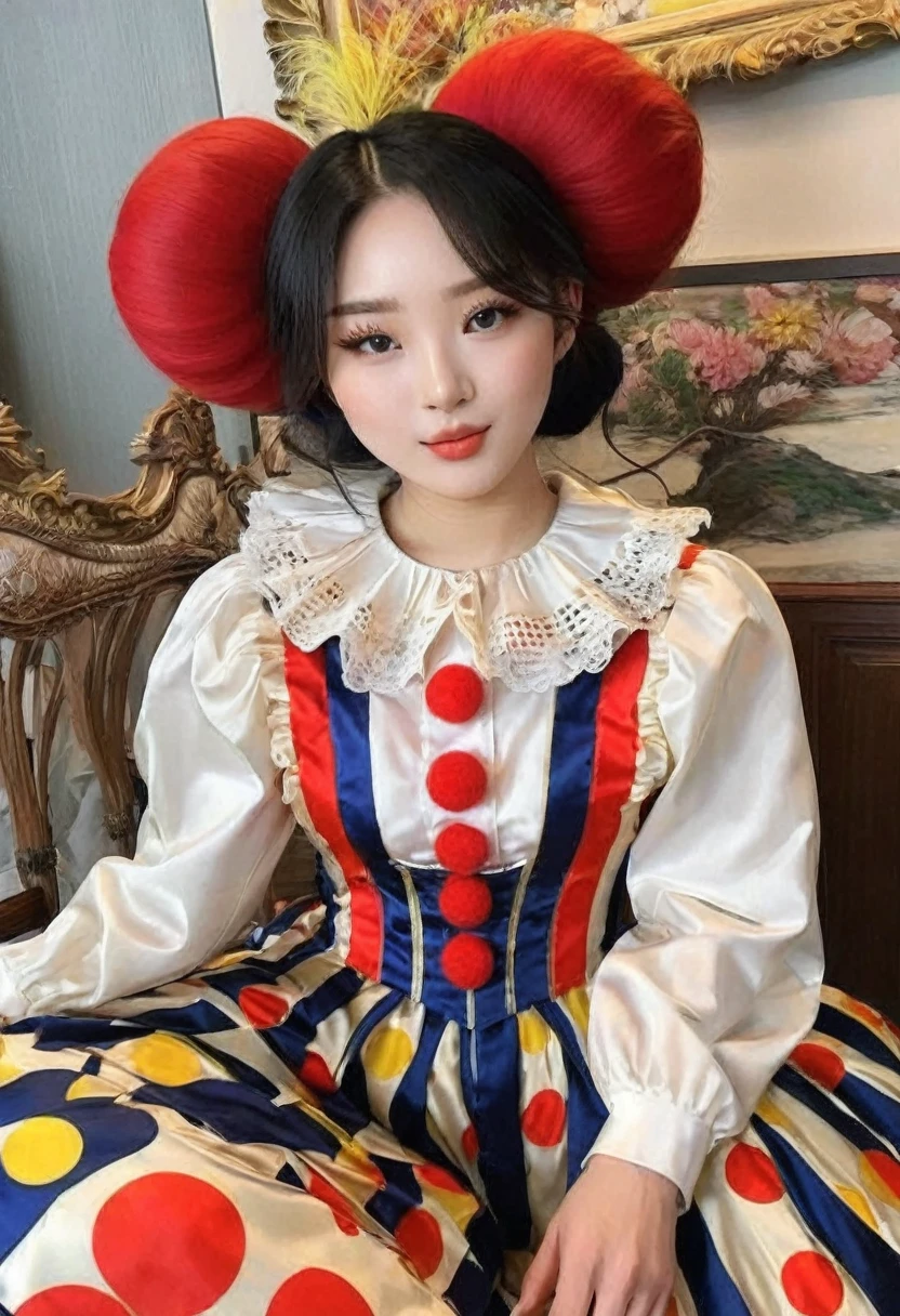 (best high quality:1.5), obra de arte, (8k), extremely detailed, (High details:1.4), Solo, 24 year old Korean Ulzzang female, (clown suit),