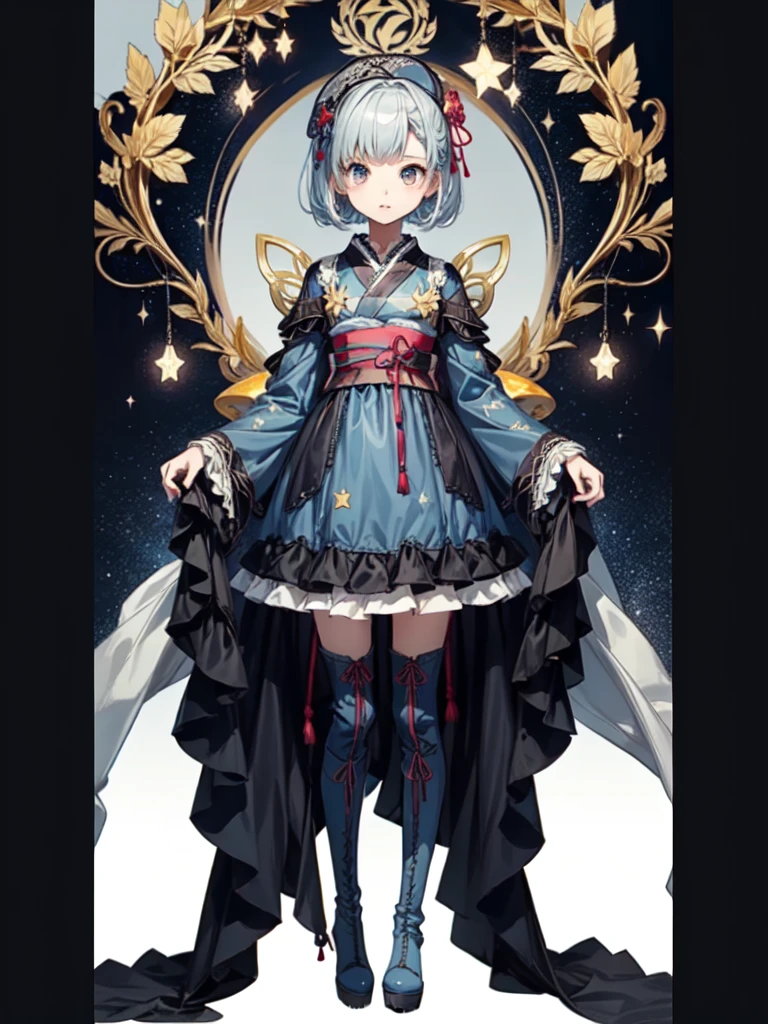 (((1girl)))、Star Fairy、vtuber-fullbody、(((highest quality、Masterpiece、The best composition、Golden Ratio、Official Art、Super detailed、Super detailedな目)))、ultra detailed, from front, headshot、 blue and white hair color、Short bangs above eyebrows、Short Hair、Standing in front of the viewer、A galaxy patterned outfit made from a remake of kimono and gothic lolita, with dark blue and light blue as the main colors.、The sleeves are long and the hands are hidden、Knee-high boots、Pure white simple background、