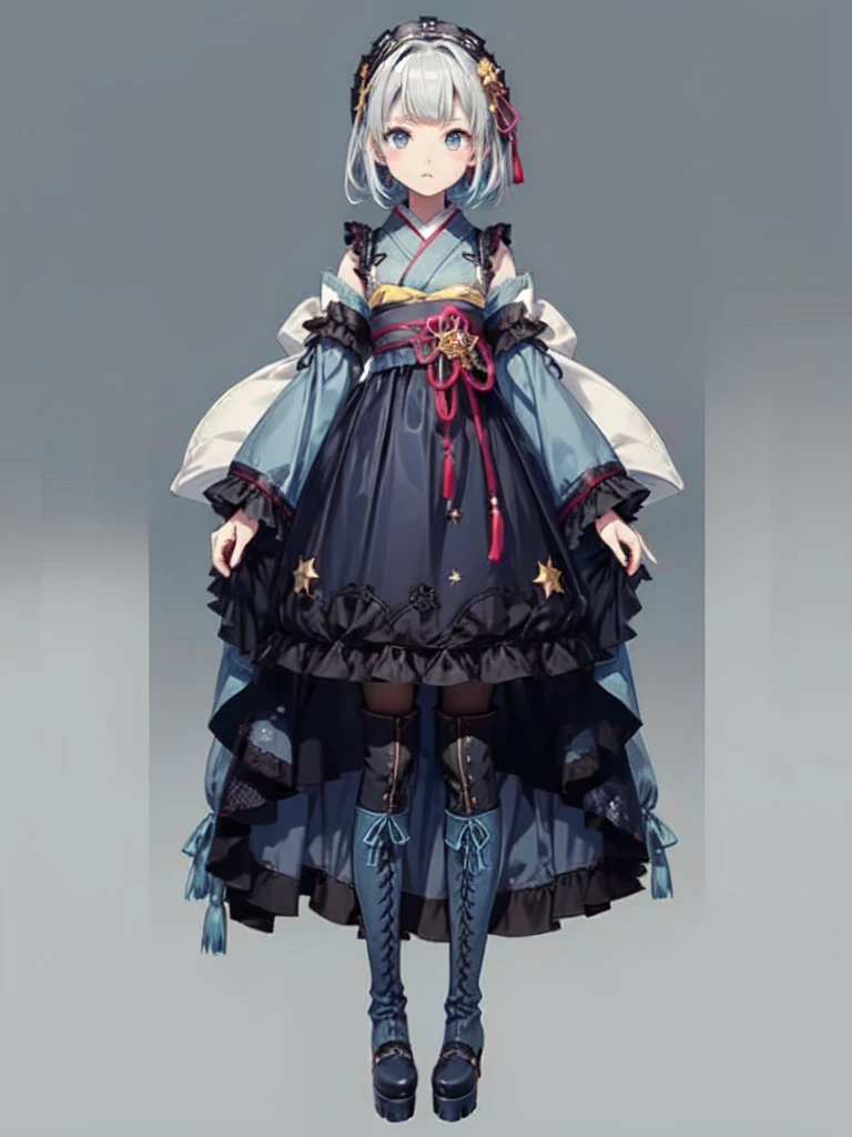 (((1girl)))、Star Fairy、vtuber-fullbody、(((highest quality、Masterpiece、The best composition、Golden Ratio、Official Art、Super detailed、Super detailedな目)))、ultra detailed, from front, headshot、 blue and white hair color、Short bangs above eyebrows、Short Hair、Standing in front of the viewer、A galaxy patterned outfit made from a remake of kimono and gothic lolita, with dark blue and light blue as the main colors.、The sleeves are long and the hands are hidden、Knee-high boots、Pure white simple background、