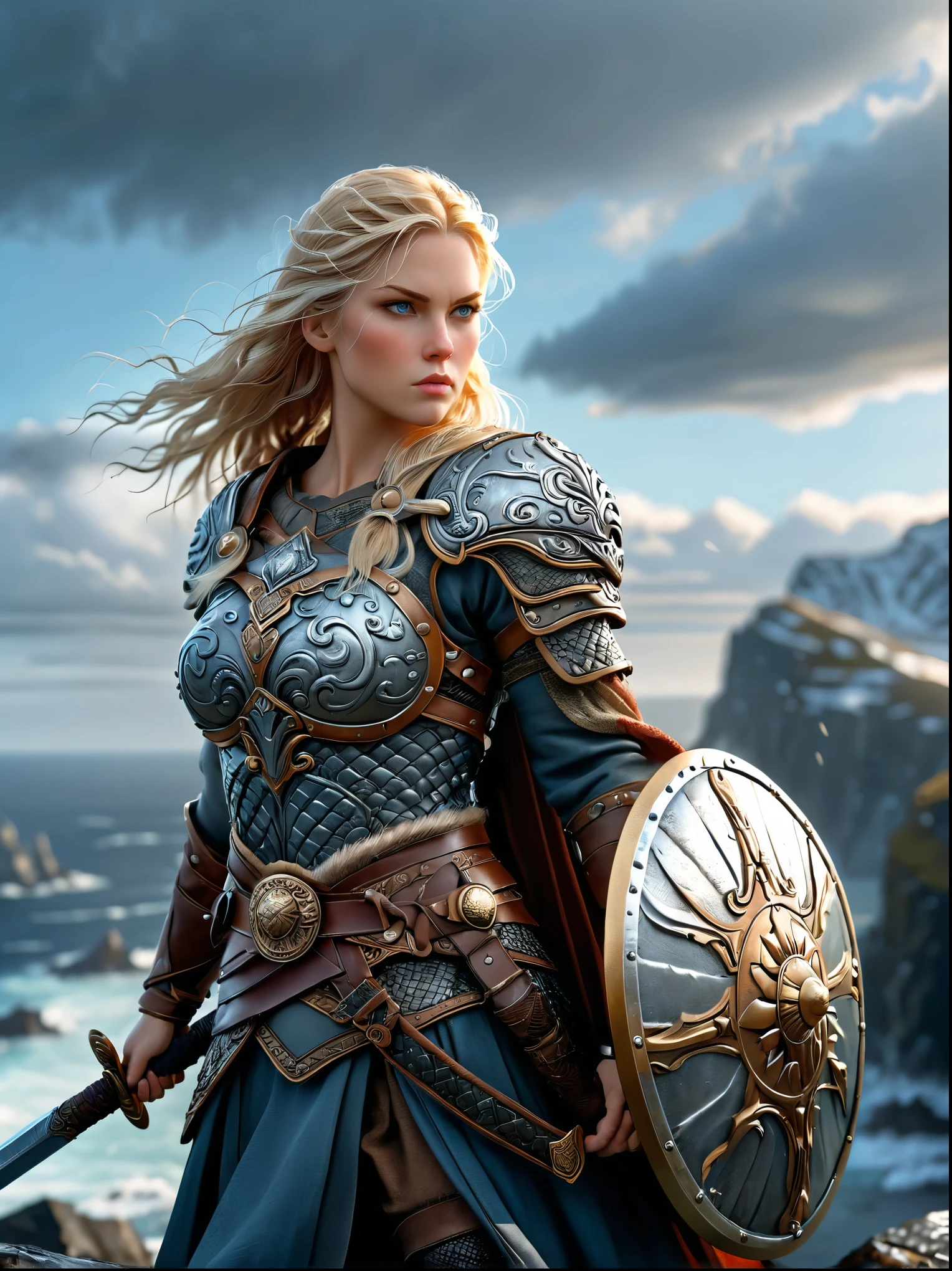 Nordic Viking female warrior，Armed with a large shield and a double-edged sword，The helmet is beside me，Strong build，Blonde hair fluttering wildly in the cold wind，Sky blue eyes，Nordic patterns on clothing，The background depicts the rugged coastline of the cold North Sea.，full-body shot，Cartoon Style，Super Detail，Anatomically correct, masterpiece, accurate, textured skin, super detail, high details, award winning, 8k