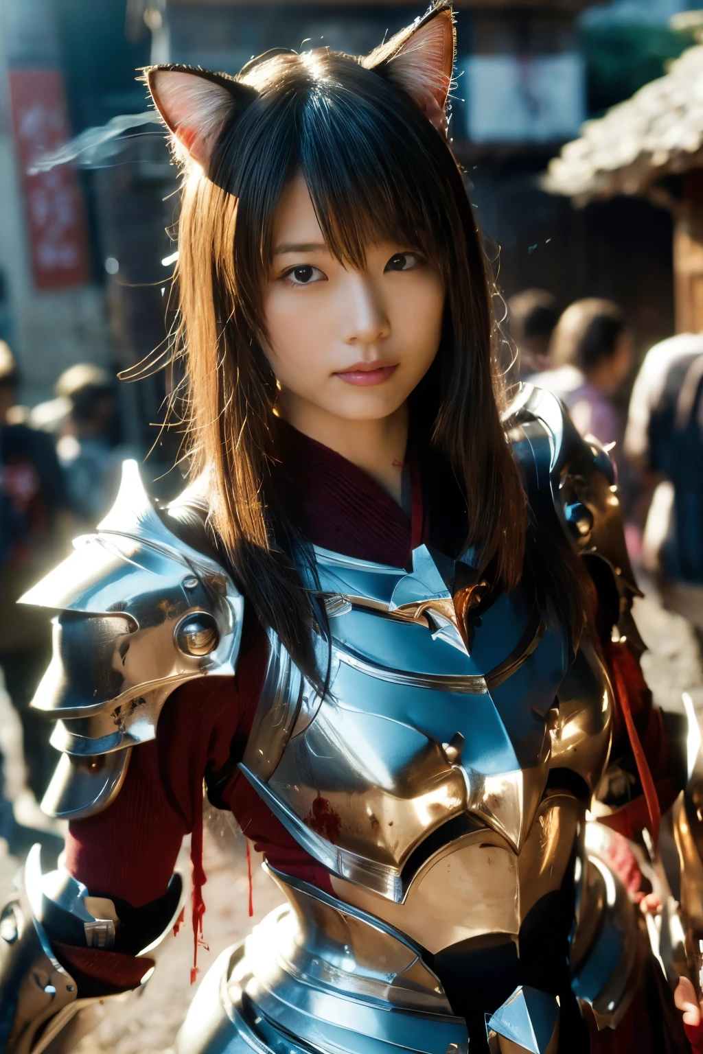 masterpiece, best quality, crisp detail, high definition, kasumi arimura, (cat ears:1.4),(fully decorated silver armor :1.5), fighting stance, dirty, sweating, (blood scattered:1.4), bloodbath, carnage, fire everywhere, smoke everywhere, blood everywhere, death everywhere, japan bakumatsu period, (dead bodies, carcass, ,fire, smoke, burned japanese castle village, hell) , (traditional village background)