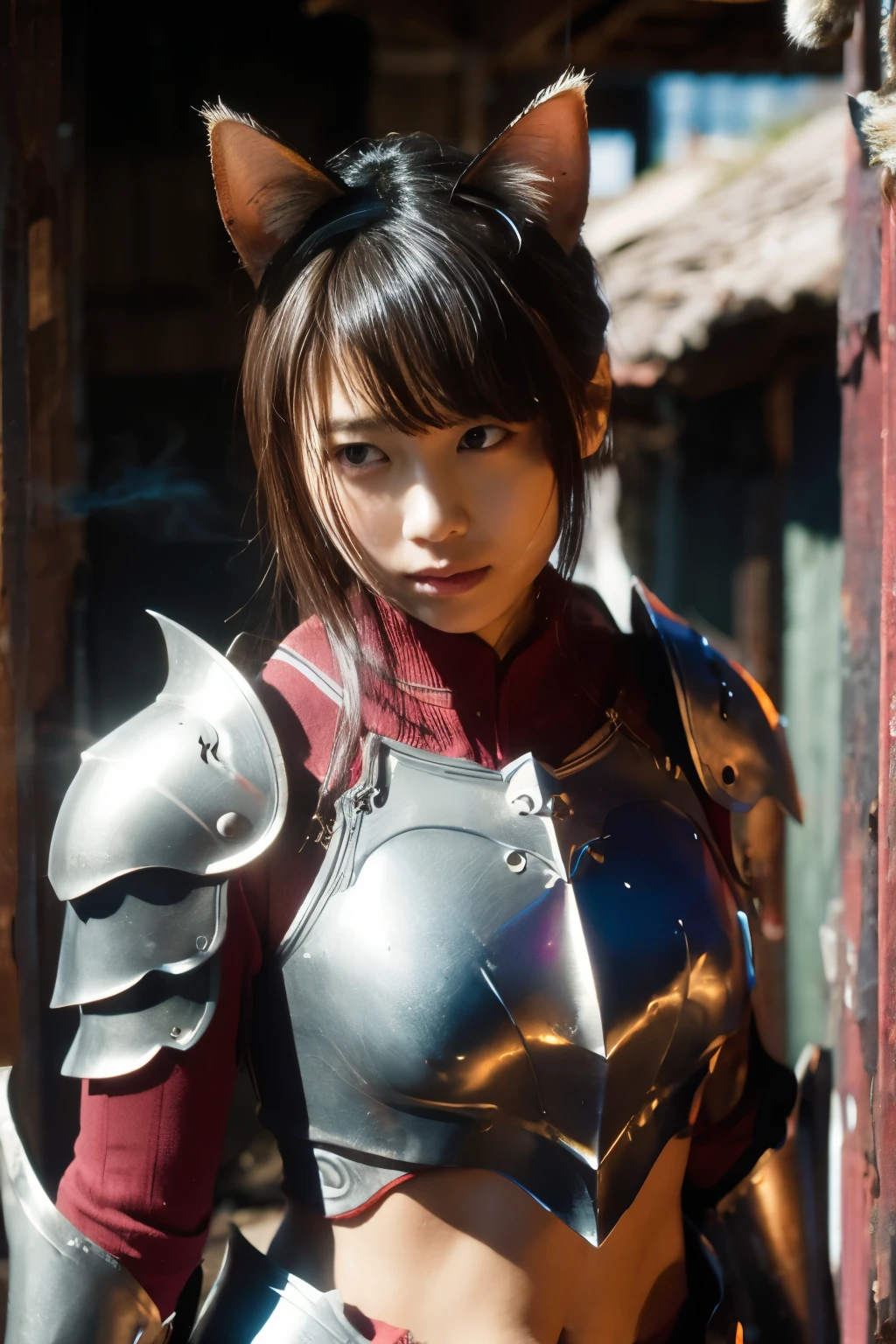 masterpiece, best quality, crisp detail, high definition, kasumi arimura, (cat ears:1.4),(fully decorated silver armor :1.5), fighting stance, dirty, sweating, (blood scattered:1.4), bloodbath, carnage, fire everywhere, smoke everywhere, blood everywhere, death everywhere, japan bakumatsu period, (dead bodies, carcass, ,fire, smoke, burned japanese castle village, hell) , (traditional village background)