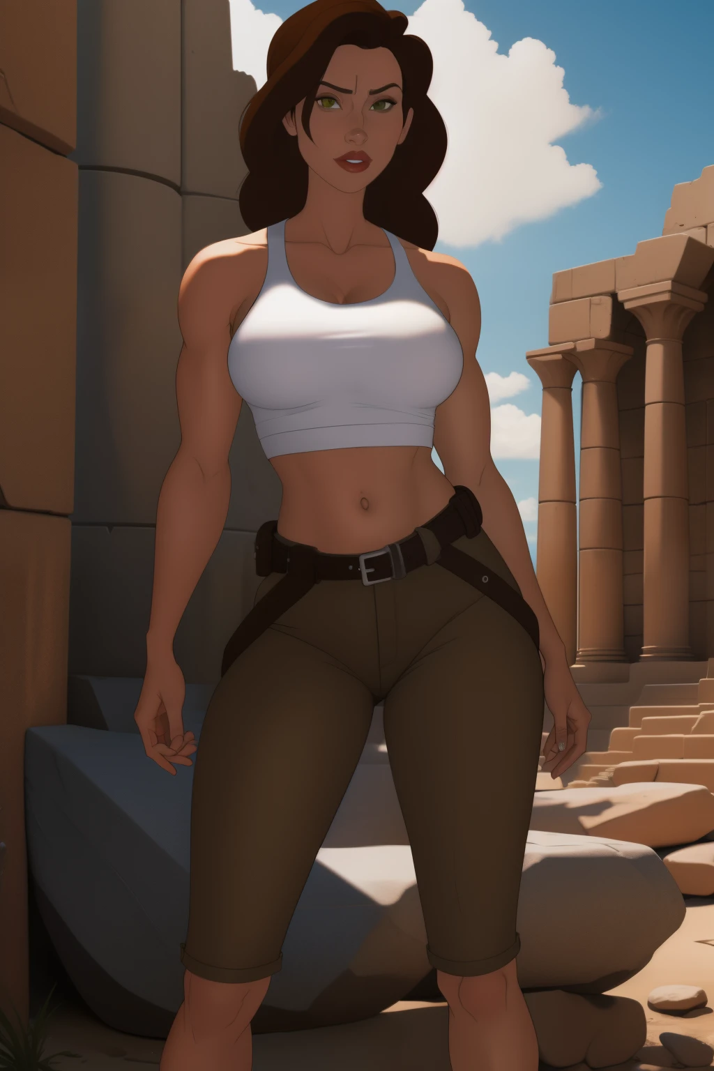 una mujer con camisa blanca y pantalones negros sosteniendo una pistola, Lara Croft, portrait of Lara Croft, wet Lara Croft, Lara Croft relaxing, Lara Croft medieval, DeviantArt Artstation CGScosidad, Tomb Raider hermoso, impresionante arte de personajes, ancient ruins behind her, The character is in his natural pose., [ arte digital 4k ]!!, 