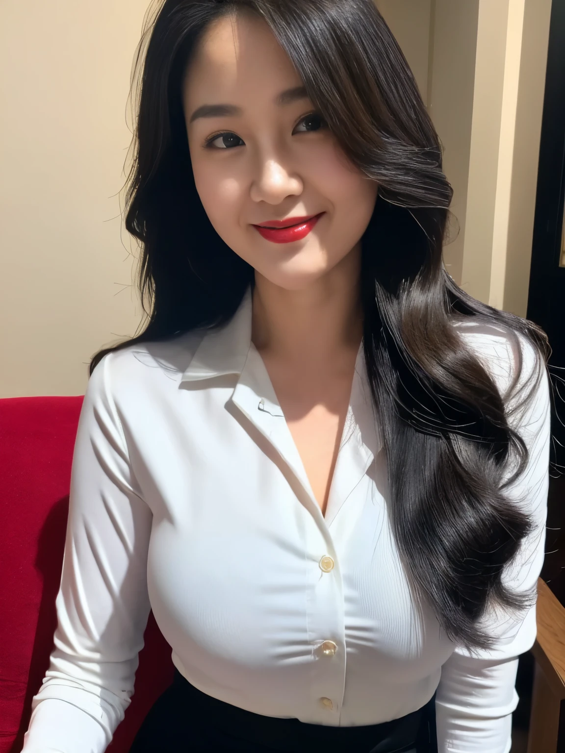 ((Top quality、8k、masterpiece:1.3))、Sharp focus, High level of image quality, high resolution,Shirts and shirts,business attire,37-year-old female with long wavy hair,Mature,Charming smile,Draw lips correctly, Red lipstick,Standing,Chubby body,Big breasts,At the mall,full-body shot