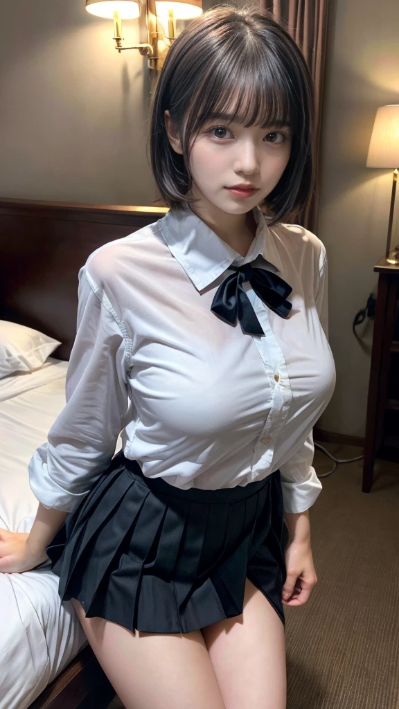 masterpiece, best quality, illustration, Super detailed, fine details, High resolution, 8K,wall paper, perfect dynamic composition,(Details High quality, realistic depiction of eyes:1.3), from side, standing, (collared shirt:1.1), pleated skirt, short bob hair、black hair color, Big Natural Color Lip, bold sexy pose, crying a little、cold gaze, Harajuku style、acrobatic pose, 20 year old girl、cute type、lolita、beautiful legs, hotel room, gravure idol, Voluptuous thighs, large breasts