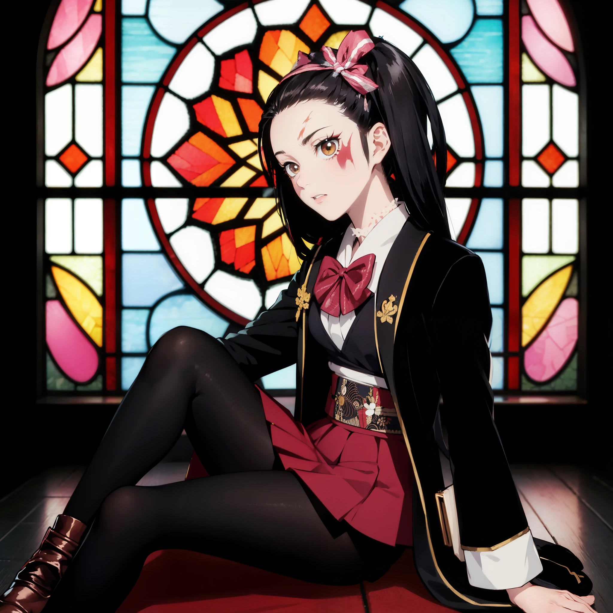 (masterpiece, best quality:1.2), kimetsu no yaiba style, kiyomi, (1girl, solo), full body, (black long hair, twin tails, hair ribbon), brown eyes, (scar on face, facial bruises), (serafuku, sailor suit), black jacket, (cross legs, black tights), sitting on the floor, stained glass background