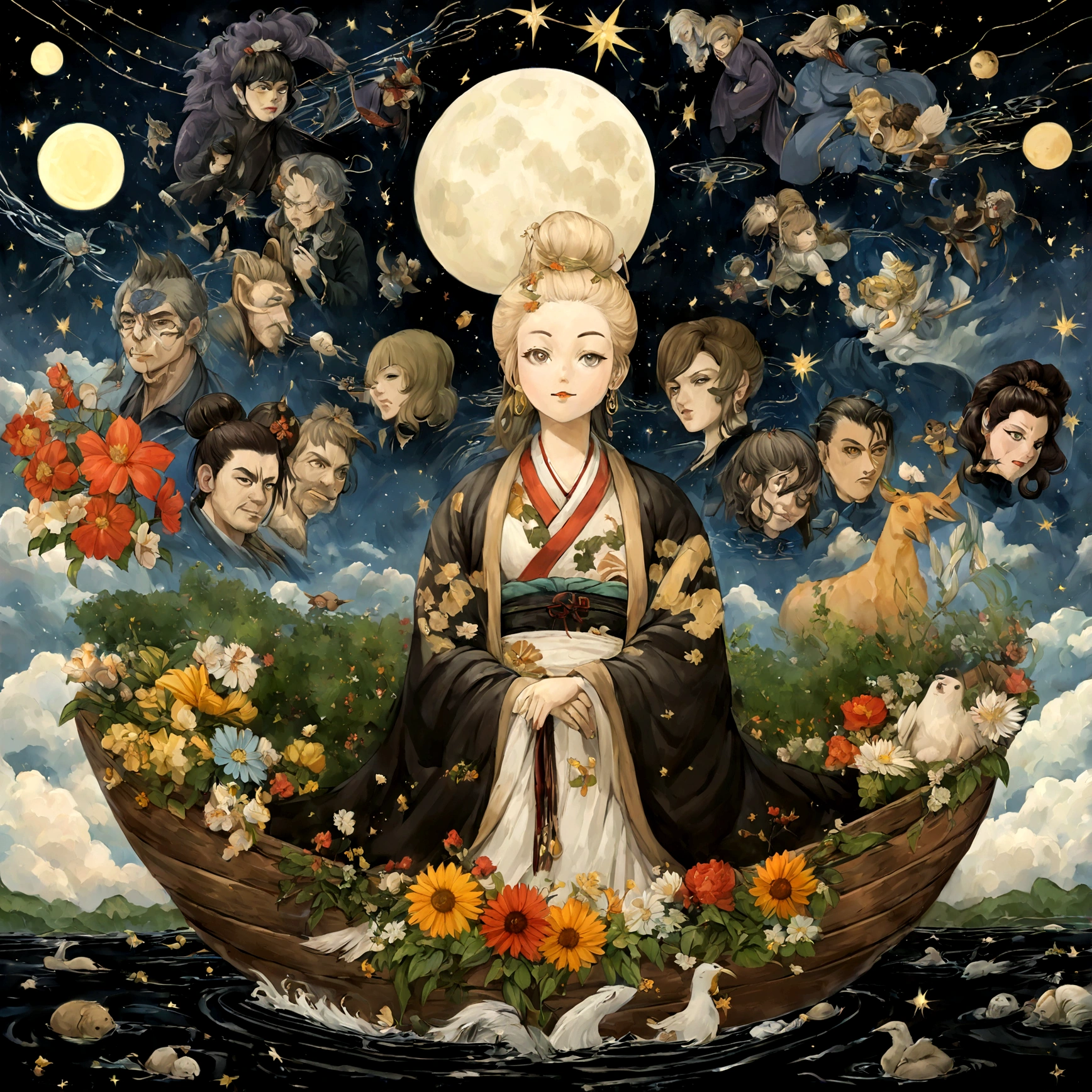 I combined all the elements you asked for into a single prompt and created an image that includes a geisha in a silk kimono and yakuza tattoos, cercada por uma floresta com um rio ou cachoeira, estilo pontilhismo, with a moon in the sky, estrelas, Fechin style oil painting and Flonix MJ Style, em preto, branco e vermelho, Arte japonesa antiga, com arte de papiros, a small boat on the river and constellations in the sky. I hope the final image is in line with your artistic vision..!
