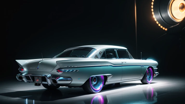 1960s luxury sedan, futuristic car, detailed rear view, reflective metallic paint, chrome accents, glowing neon lights, cinematic lighting, hyper-realistic, 8K, photorealistic, dramatic shadows, vibrant colors, retrofuturistic style, masterpiece