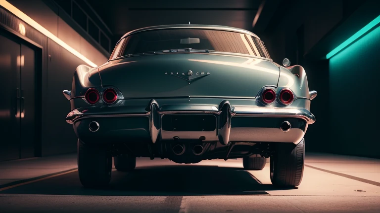 1960s luxury sedan, futuristic car, detailed rear view, reflective metallic paint, chrome accents, glowing neon lights, cinematic lighting, hyper-realistic, 8K, photorealistic, dramatic shadows, vibrant colors, retrofuturistic style, masterpiece