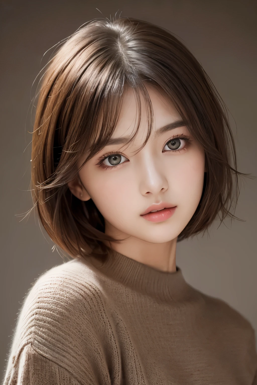 highest quality、masterpiece、超High resolution、(Realistic:1.3)、RAW Photos、(One girl), Beautiful Face, (Realistic Face), (Dark brown hair、short hair:1.3), Beautiful Hairstyles, Realistic eyes, Beautiful fine details, (Realistic Skin), Beautiful Skin, (sweater), Confused, charm, 超High resolution, Ultra-realistic, High resolution, Golden Ratio、Gray background