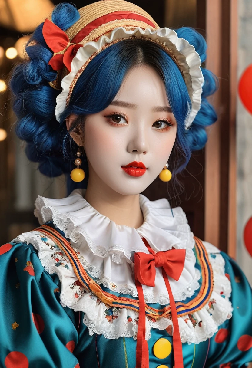 (best high quality:1.5), obra de arte, (8k), extremely detailed, (High details:1.4), Solo, 14 year old Korean Ulzzang female, (clown suit),