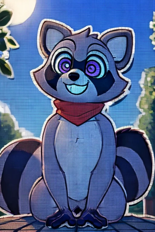 2d,Rambley racoon is raccoon mascot, he lives inside of networks and code, making his appearances on tv screens and monitors,
he has a tall big chubby body and raccoon hands, his feet are also roughly the same size as his hands, being cute, his fur a light grey, and the fur on his hands and feet black, he has a cute little bushy raccoon tail with stripes running down it, and a lighter grey patch running from his neck to around his belly, he has puffy little cheeks and pointy little raccoon ears, his eyes are a shiney purple with lighter grey fur surrounding them, he has a cute and derpy little nose and mouth, surrounded by similar grey fur to the fur around his eyes, as well as a long black patch running from left to right in between his eyes and nose, he has a red bandana like red scarf that he wears around his neck, monitor screens, , looking at viewer, big chest, day,, s ensual, detailed, uploaded to e621, beautiful an d detailed portrait of an anthropomorphic, (((m ale))) uploaded to e621, zaush, foxovh, movie lighting, thicc, alone, detailed, 8k res, hires, detai led eyes, good anatomy, good perspective, towards viewer, by bebebebebe, by sicklyhypnos, bygerkk, by orf, nice hands, perfect hands, happy, romantic, ray tracing lighting, rtx on, By Bebe bebebe, by SpiritD, by KOBITOWANI, best quality, masterpiece, perfect anatomy, detailed picture)), 1femboy, outside in a park that has a sunny day with sitting down on a park bench,2d artwork, 2d art