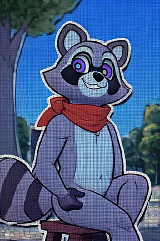 2d,Rambley racoon is raccoon mascot, he lives inside of networks and code, making his appearances on tv screens and monitors, 
 he has a tall big chubby body and  raccoon hands, his feet are also roughly the same size as his hands, being cute, his fur a light grey, and the fur on his hands and feet black, he has a cute little bushy raccoon tail with stripes running down it, and a lighter grey patch running from his neck to around his belly, he has puffy little cheeks and pointy little raccoon ears, his eyes are a shiney purple with lighter grey fur surrounding them, he has a cute and derpy little nose and mouth, surrounded by similar grey fur to the fur around his eyes, as well as a long black patch running from left to right in between his eyes and nose, he has a  red bandana like red scarf that he wears around his neck,  monitor screens, , looking at viewer, big chest, day,, s ensual, detailed, uploaded to e621, beautiful an d detailed portrait of an anthropomorphic, (((m ale))) uploaded to e621, zaush, foxovh, movie lighting, thicc, alone, detailed, 8k res, hires, detai led eyes, good anatomy, good perspective, towards viewer, by bebebebebe, by sicklyhypnos, bygerkk, by orf, nice hands, perfect hands, happy, romantic, ray tracing lighting, rtx on, By Bebe bebebe, by SpiritD, by KOBITOWANI, best quality, masterpiece, perfect anatomy, detailed picture)), 1femboy, outside in a park that has a sunny day with sitting down on a park bench,2d artwork, 2d art