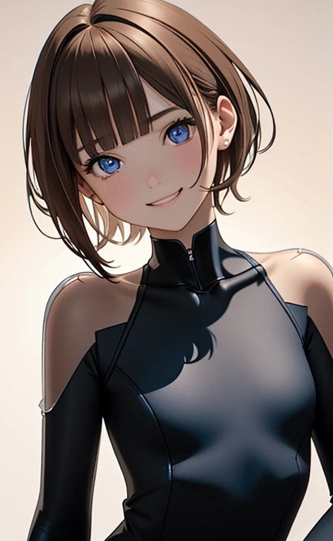 (Photorealistic:1.4)、(,20-year-old:1.5),(masterpiece、Blue lighting:1.5、Blue lens flare:1.5、Blue spot light:1.2、Exquisite beautiful eye:1.5,portlate),(kind eyes、tareme:1.9),(In the dark、Illuminated by blue lighting from the front:1.8、deep shadows:1.5)
、Cute Face、 3D Face、(light brown hair:1.5)、(pixie cut),(sidelock :1.5),(blunt bangs:1.3),(1 woman)、(Red eyes:1.2)、(upper body:1.5)、(clear face:1.5)、(head tilt) ,(Cute face:1.2),(flat chest),(),kind face,(white Bodysuit with cut out),(black background:1.5)、()、()、 Neat and clean、Adorable、Demure,Slim Body(),Shiny Hair、()、Nijisketch,Manga,smiley face, grin