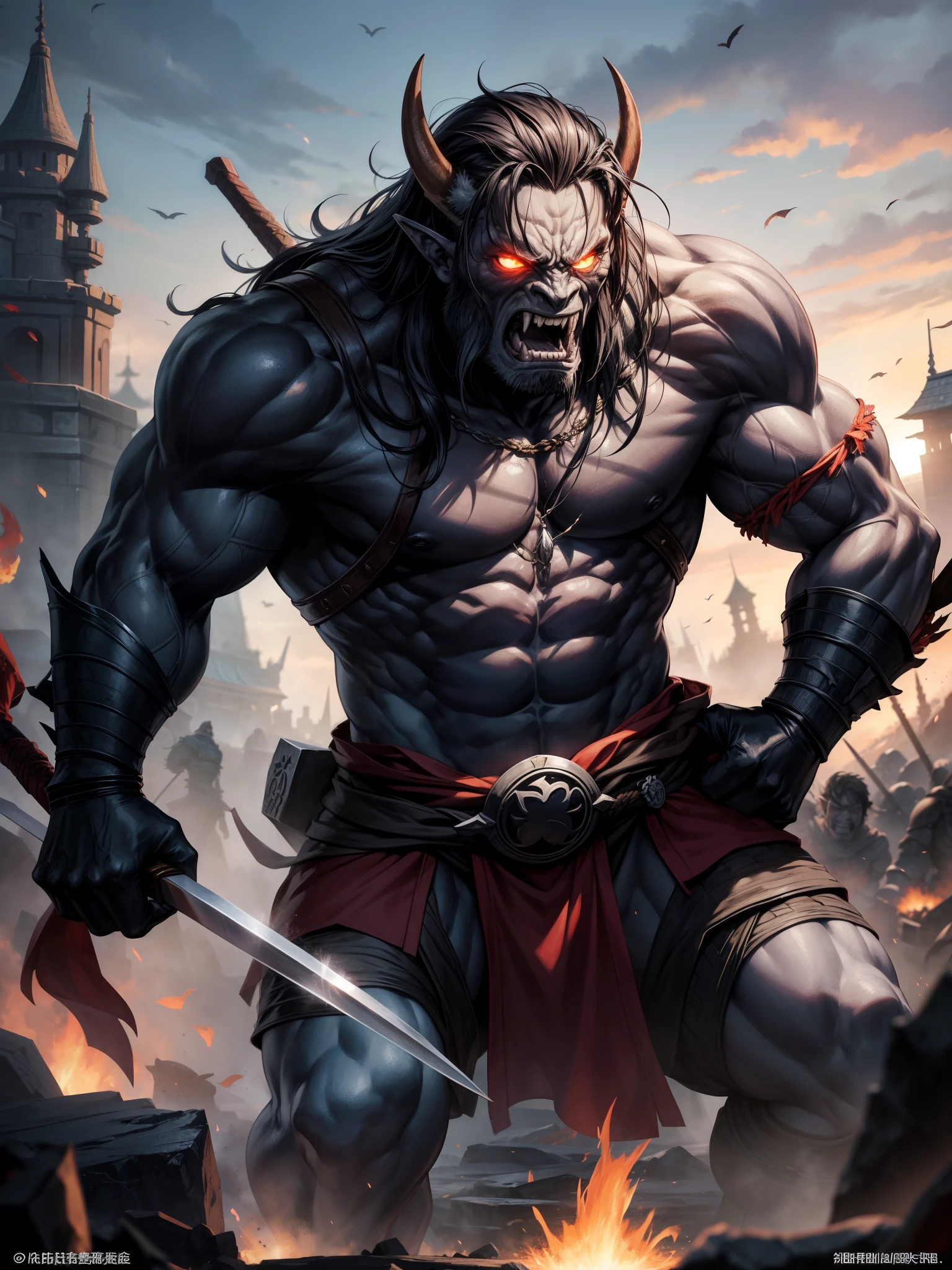 Orcs、They are powerful and fearsome creatures that often appear in fantasy worlds。その特徴的なAppearanceと性格は、portrayed as a hostile entity in many stories。

### **Appearance**
オークのAppearanceは、Bigger than humans、Muscular and powerful。Their skin is dark green、grey、Alsoは茶色で覆われており、It's rough and rough。The face of an orc is barbaric、Wide nose、Sharp Fangs、And their red shining eyes are characteristic。Their hair is black、Coarse hairs often grow sparsely。the ears are pointed,、Has a keen sense of hearing。

### **Outfits and weapons**
What is the orc costume、It specializes in combat。From simple equipment with an emphasis on ease of movement、Even heavy metal armor、There are various styles。What is their equipment、There are many looted items and things we have made ourselves、The weapons are equally diverse。Giant battle axe、Sticks、sword、and sometimes they use spears and bows。Even though the Orc's weapons are crude、It has excellent strength and durability。

### **Personality and Action**
Orcs、It's a race that loves battle and conquest。They are aggressive and cruel、egocentric、I believe power is everything。in their society、Force and violence are regarded as the most important values、The weak are eliminated。Orcs集団で行動し、Attack other races and loot resources。their invasion was premeditated、led by a strong leader。

### **Residence**
Orcs、underground caves and wastelands、Deep in the woods, etc.、They live far away from human settlements。彼らのResidenceは粗雑で、Use stone and wood to build simple structures。Where is an oak's residence、It's built like a fortress with an emphasis on defense、There are traps and defensive equipment in place to eliminate intruders。

### **Culture and social structure**
What is the social structure of orcs、It's based on a strict class system。the most powerful orc reigns supreme as leader、You can follow other orcs through strength and violence。their culture is centered around battle and conquest、Honor and glory as a warrior are most respected。Orcs、Dominate other races through wars、It aims to expand its territory。

### **Faith and legends**
Orcs、Our own god々I believe in、These gods々I pray for victory in battle。Their religion praises war and destruction、I regard shedding blood as sacred。Also、There are shamans and sorcerers among orcs、They use their magical powers to assist in battles。

Orcs、It is an entity that symbolizes power and violence in a fantasy world。What is that mighty body and barbaric personality、It brings tension and danger to the story、It will be the greatest challenge for the brave。Their presence is、It symbolizes the race for survival in a world where power rules、It depicts a fierce world where strength and cruelty intersect。