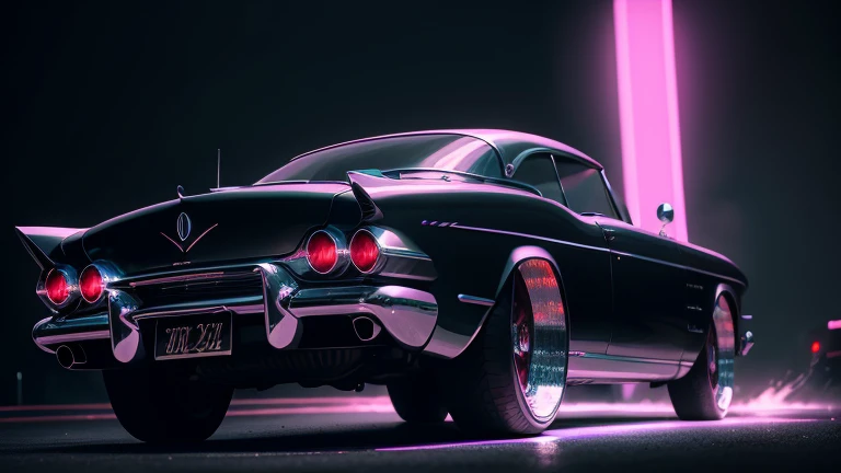 1960s luxury sedan, futuristic car, detailed rear view, reflective metallic paint, chrome accents, glowing neon lights, cinematic lighting, hyper-realistic, 8K, photorealistic, dramatic shadows, vibrant colors, retrofuturistic style, masterpiece