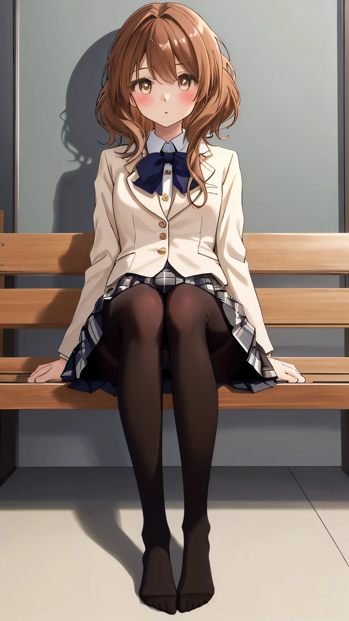 highest quality, masterpiece, High resolution, (Head to Toe full body), front, frontやや下からの構図, Symmetric, Tall 18 year old girl, alone, (Head to Toe), (Small breasts), disheveled brown hair, bangs, (black tights), (Black Pantyhose), (Sit with your legs apart), (Crouching pose), (Composition showing white panties), (She has her legs spread and her white panties are visible.), (Sit on the floor with your legs spread), (M-shaped foot), Thin legs, とても美しくTall 18 year old girl, (No shoes), blush, Shy big eyes, Looking into the camera, Blazer uniform, Checkered pleated skirt