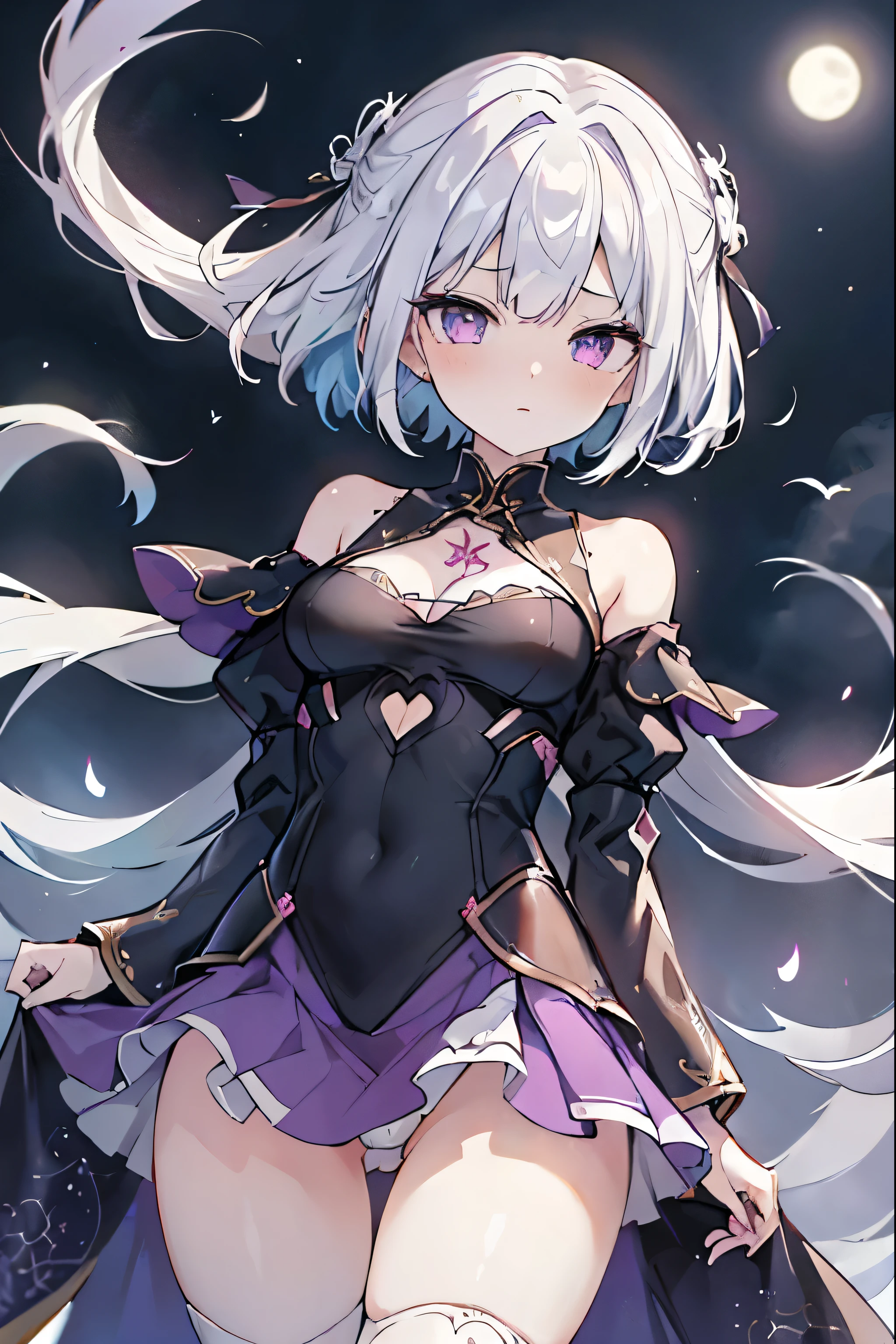 1girl, anime, cute girl, blank background, white background, fantasy, detailed fantasy dress with highlights, beautiful face, beautiful eyes, dark colors, black hair with multicolor streaks, red eye with different color pupil in eye, multicolor eye, medium breasts, slight cleavage, beautiful skin, cute, breast curtains, extremely delicate and beautiful, (beautiful detailed face:1.0), (detailed deep eyes), symmetrical breasts, deep eyes, shiny skin, portrait, slender waist, hips wider than shoulders, thighs, expressionless, young girl, luminous eyes, adorable,(Kpop idol),(aegyo sal:1),(Platinum blonde hair:1),((puffy eye)),Black panty,sexy posture,Superskirt, Ultra-high resolution,Black collar,slim figure, Abdominal y tattoo, womb tattoo,Tight-fitting leg ring,y tattoo on half-body,Bare skin, Armored hand,Hidden fingertips,Hand covered,Arm covered,Fist covered,{{beautiful detailed fingers}}, tufts of hair, moderate beautiful breast:1.0,(masterpiece:1.2), best quality, high-res, HDR, perfect face, intricate armor, delicate blue filigree, intricate filigree, red metalic parts, detailed part, dynamic pose, dynamic lights, cute face, neutral expression, shuimobysim, lotus, hanfu, maxi skirt, dress conservatively 1girl, solo, long blue hair, standing, One lady,14years,((White hair) ,(Shiny purple bodysuit with microskirt),((Fantasy, Moon Night)), gradient_eyes,