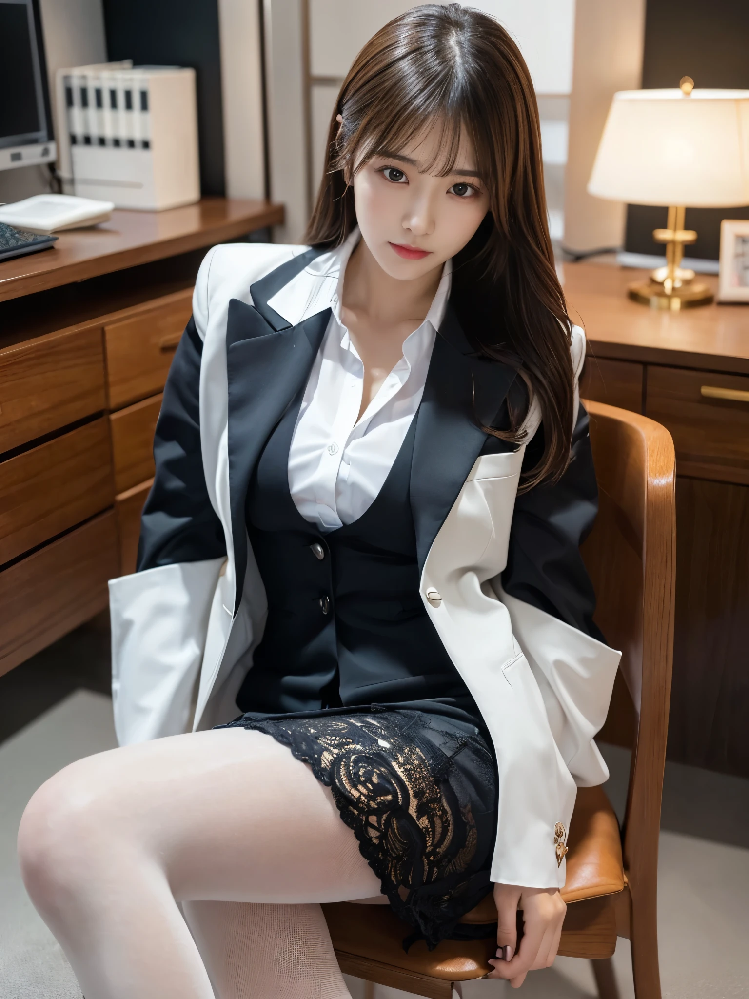 Submissive woman wearing white open shirt sitting on chair, Wearing pantyhose、Wear a strict business suit, Crossing your legs, lower angle, Wearing a business suit, Office Clothes, Wearing a business suitいる, Elegant legs, Wearing a business suitいる, Dressed in a strict suit, Japanese Model, born,(8k、highest quality、masterpiece:1.2)、(Intricate details:1.4)、(Photorealistic:1.4)、Octane Rendering、Complex 3D rendering with ultra-detail, Studio Soft Light, Rim Light, Vivid details, Super Detail, Realistic skin texture, Detailed aspect, Beautiful details in the eyes, Highly detailed CG Unity 16k wallpaper, compensate, (Detailed Background:1.2),Glowing Skin、Exposed thighs!!!