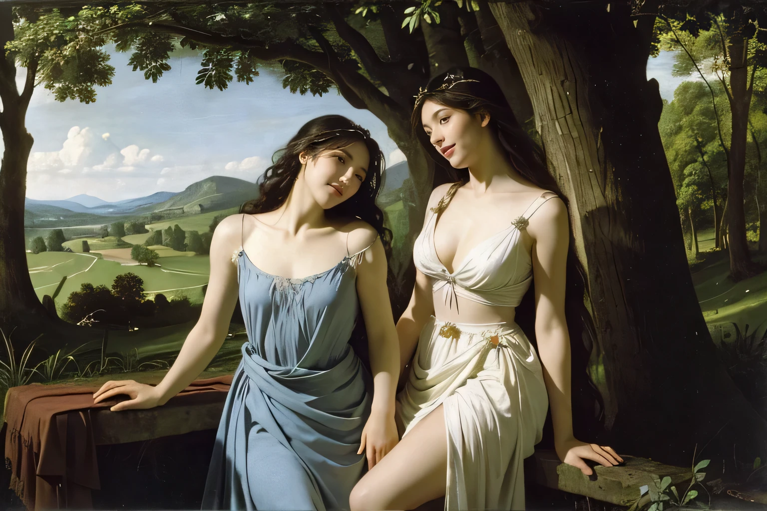 Giorgione painting style,Barbizon forest A beautiful woman in Greek dress smiles on the shore,Sweet and seductive appearance.、Caravaggio's paintings、Chiaroscuro of Caravaggio、hair tousled by the wind,Two women frolicking,cute smile, expression of ecstasy,Sexy,erotic, full body portrait